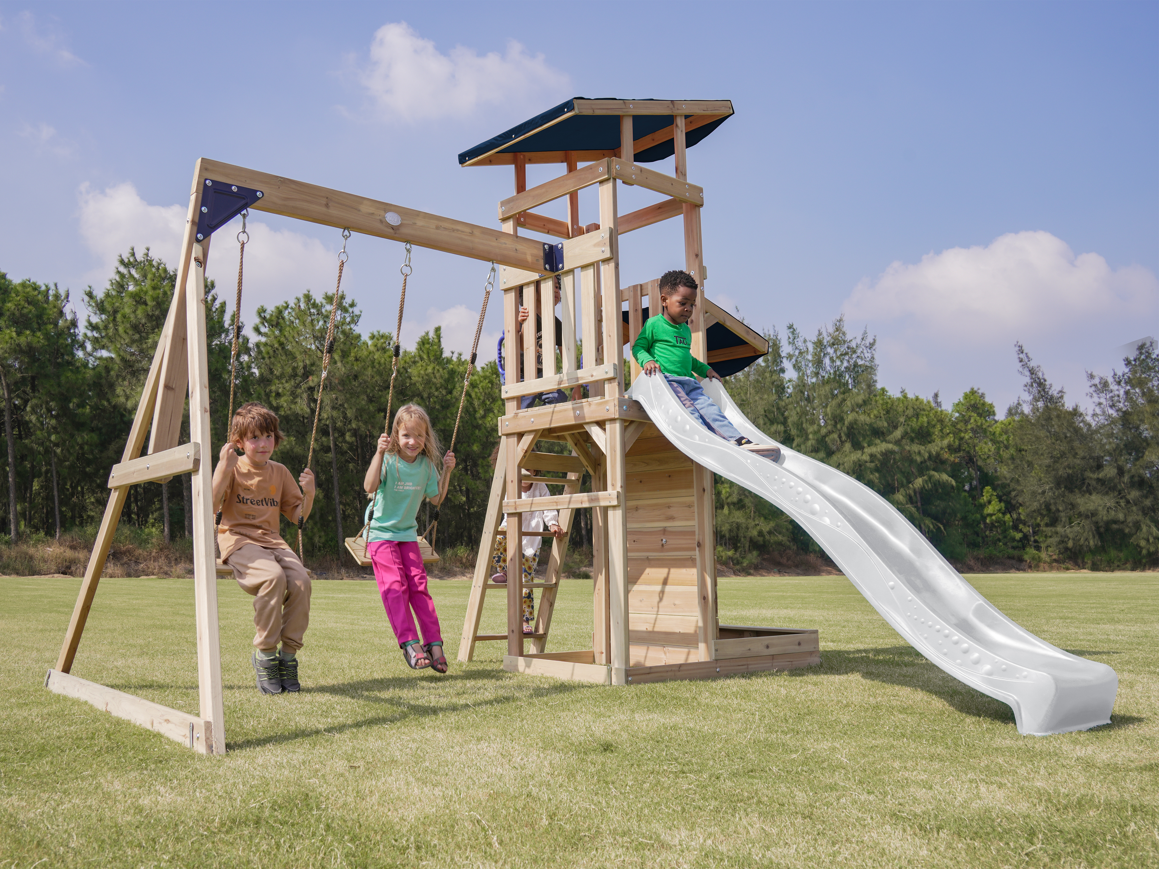 AXI Malik Climbing Frame with Double Swing Set - White Slide