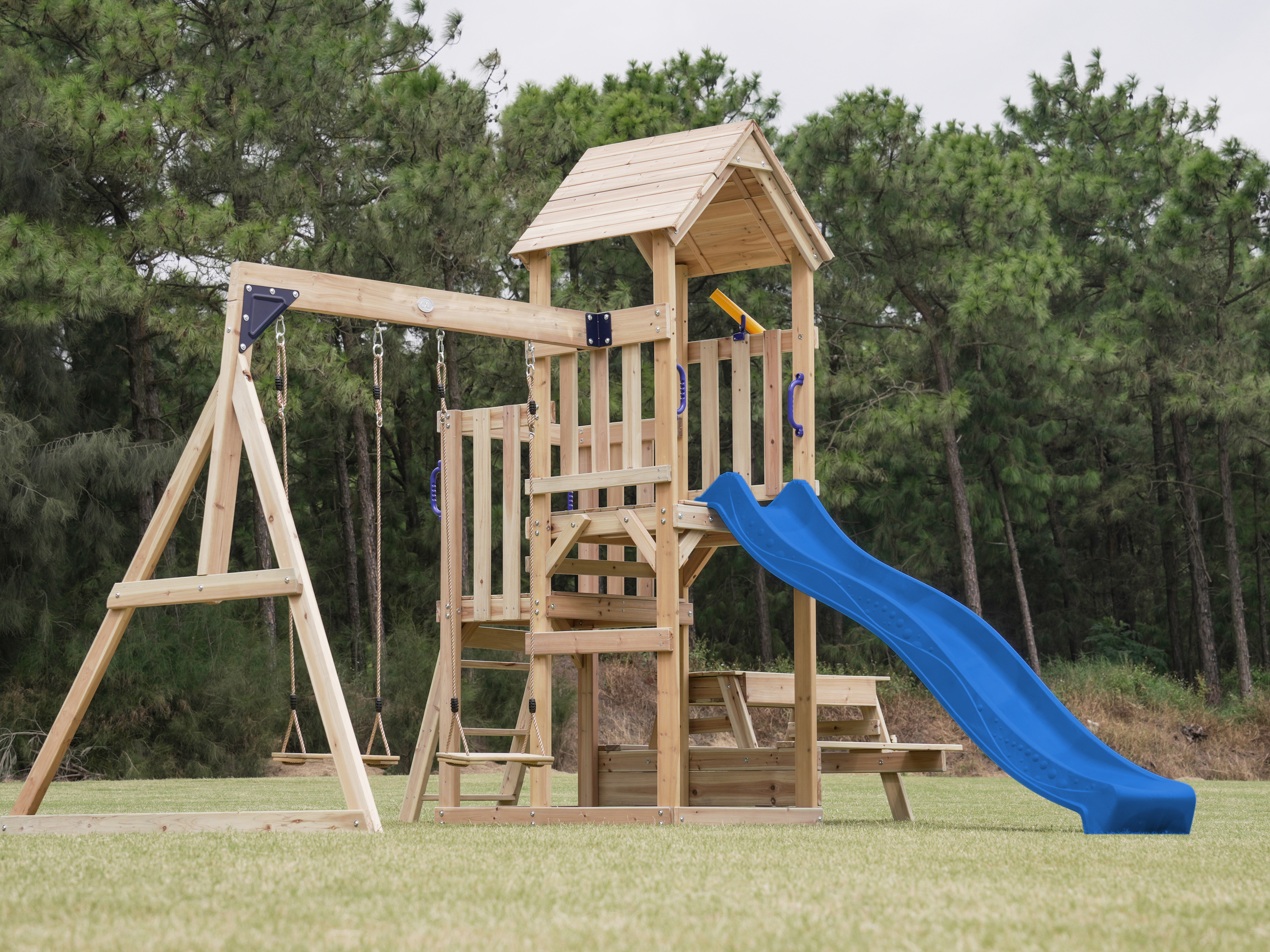 AXI Mette Playground with Double Swing Brown - Blue Slide 