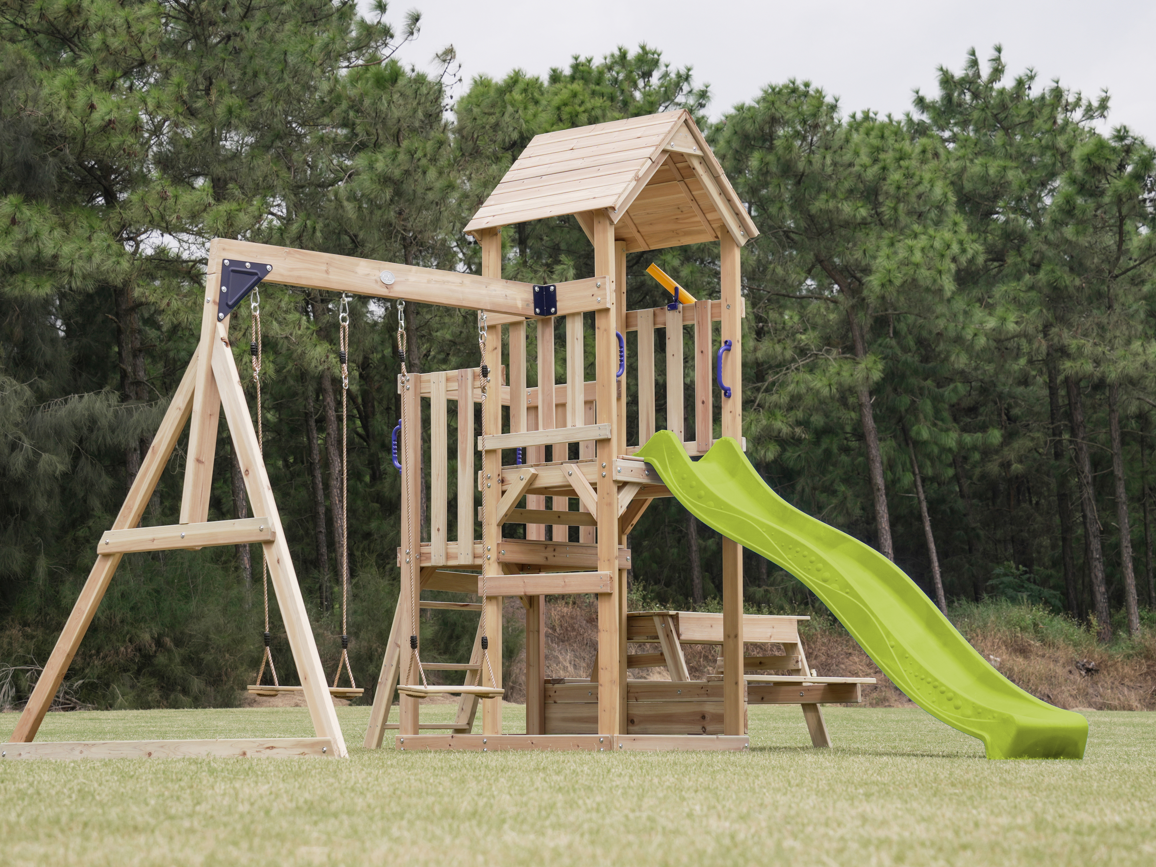 AXI Mette Climbing Frame with Double Swing Set and Picnic Table - Lime Green Slide