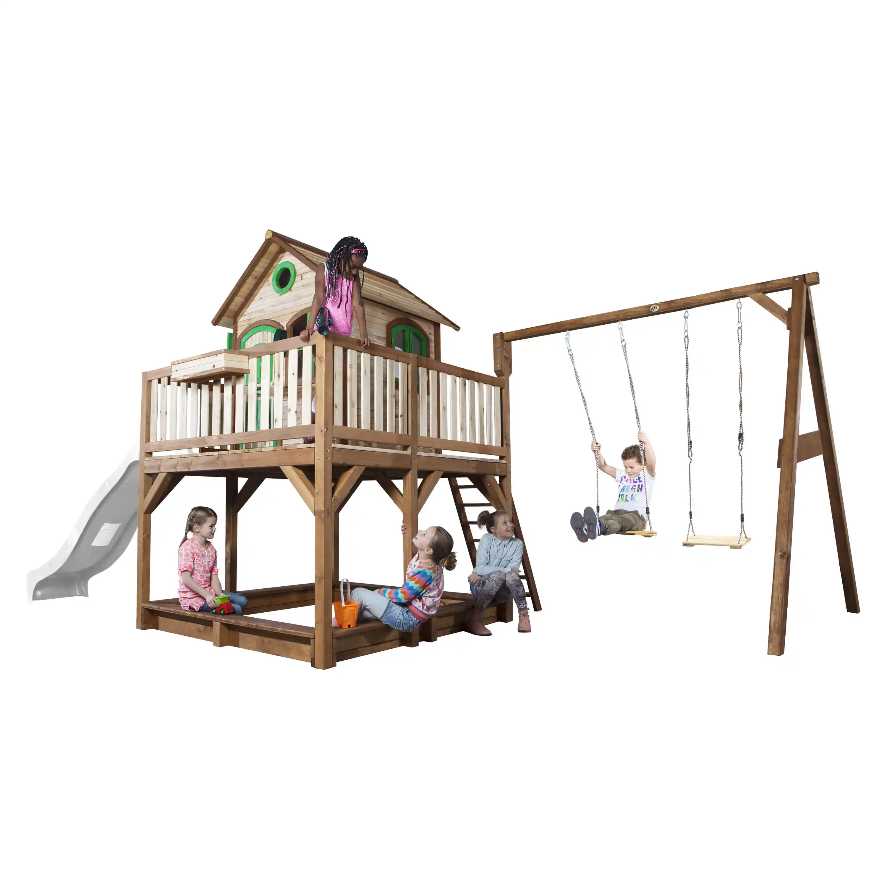 AXI Liam Playhouse with Double Swing Set Brown/Green - White Slide