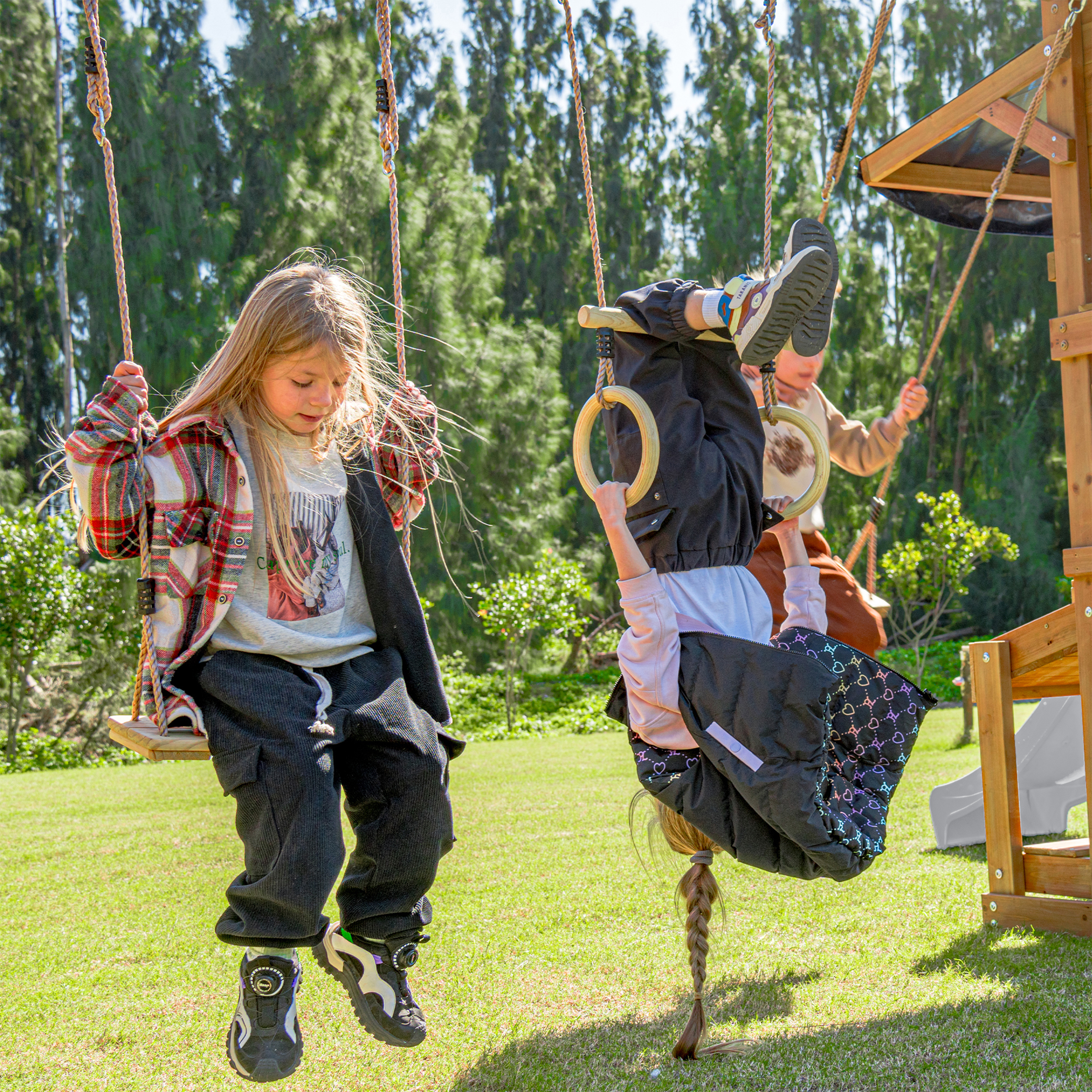 AXI Mitch Climbing Frame with Double Swing. Trapeze and Lookout Tower – White Slide