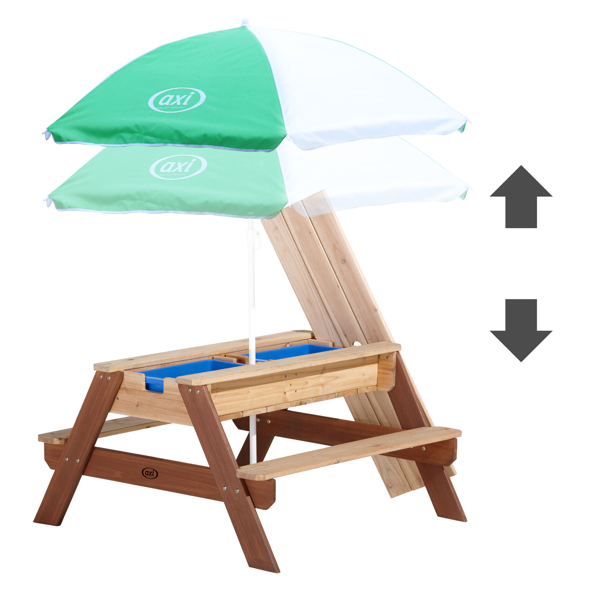 productfoto AXI Nick Zand & Water Picknicktafel Bruin - Parasol Groen/wit