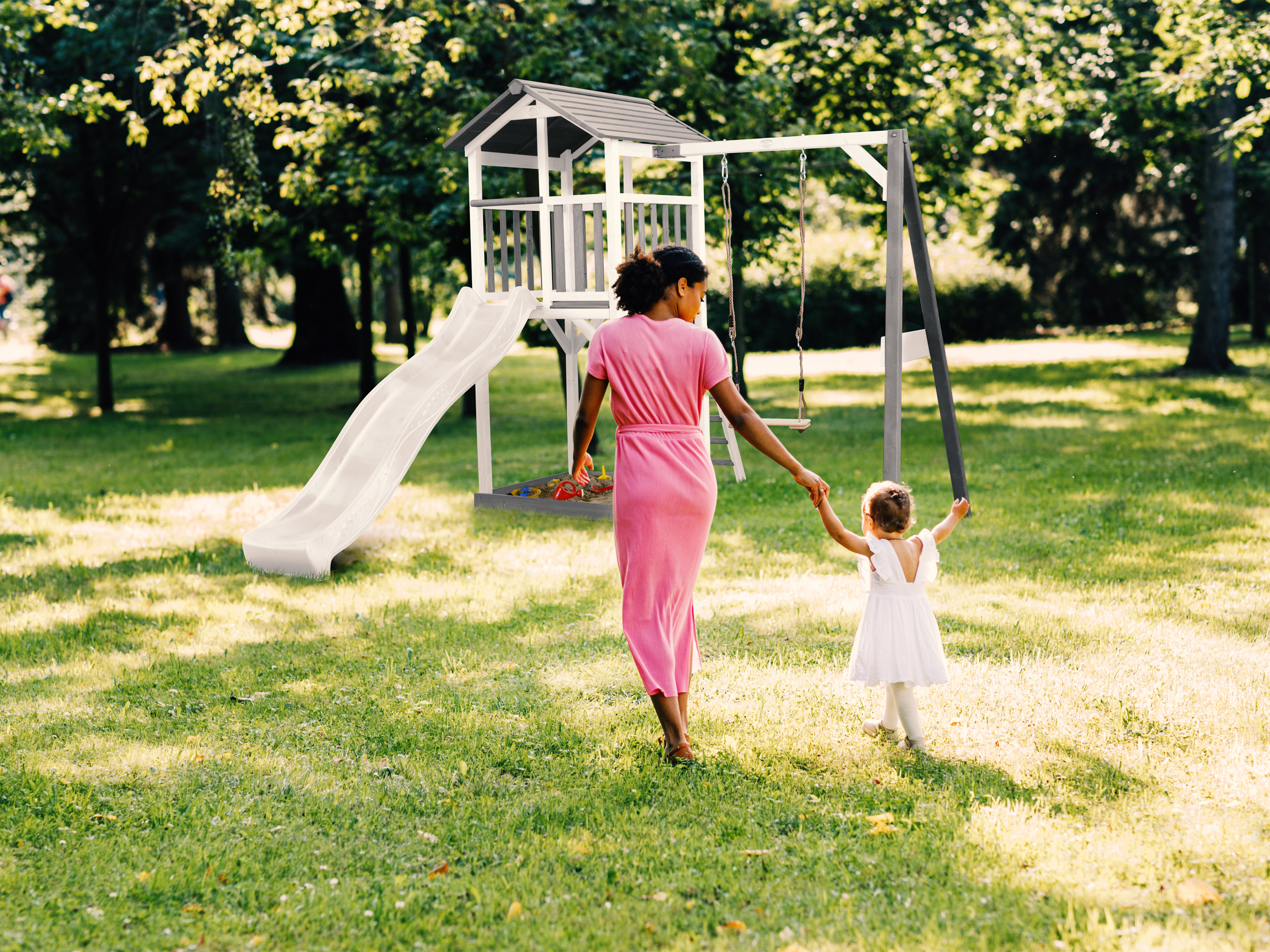 AXI Beach Tower with Single Swing Set Grey/White - White Slide