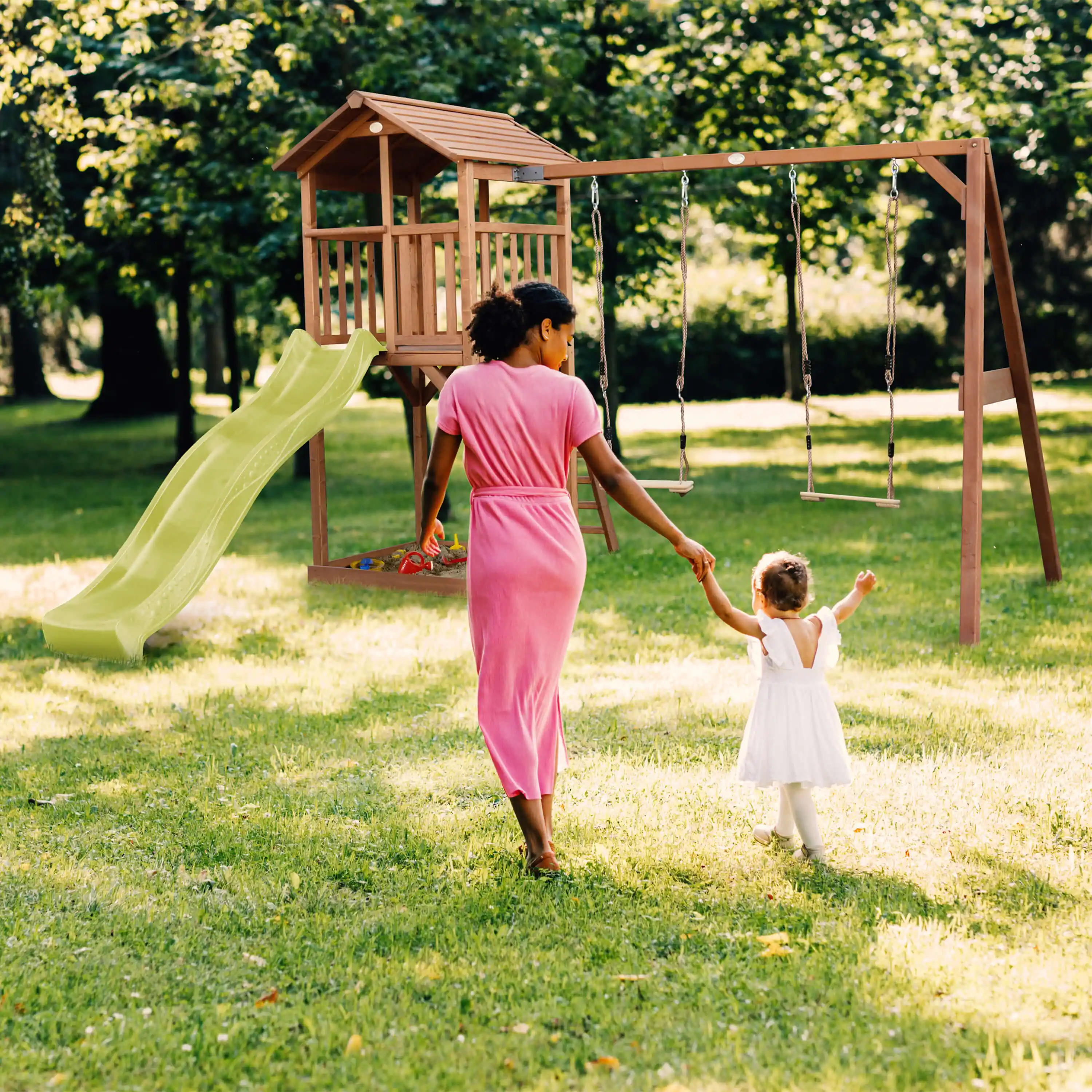 AXI Beach Tower with Double Swing Set Brown - Lime Green Slide