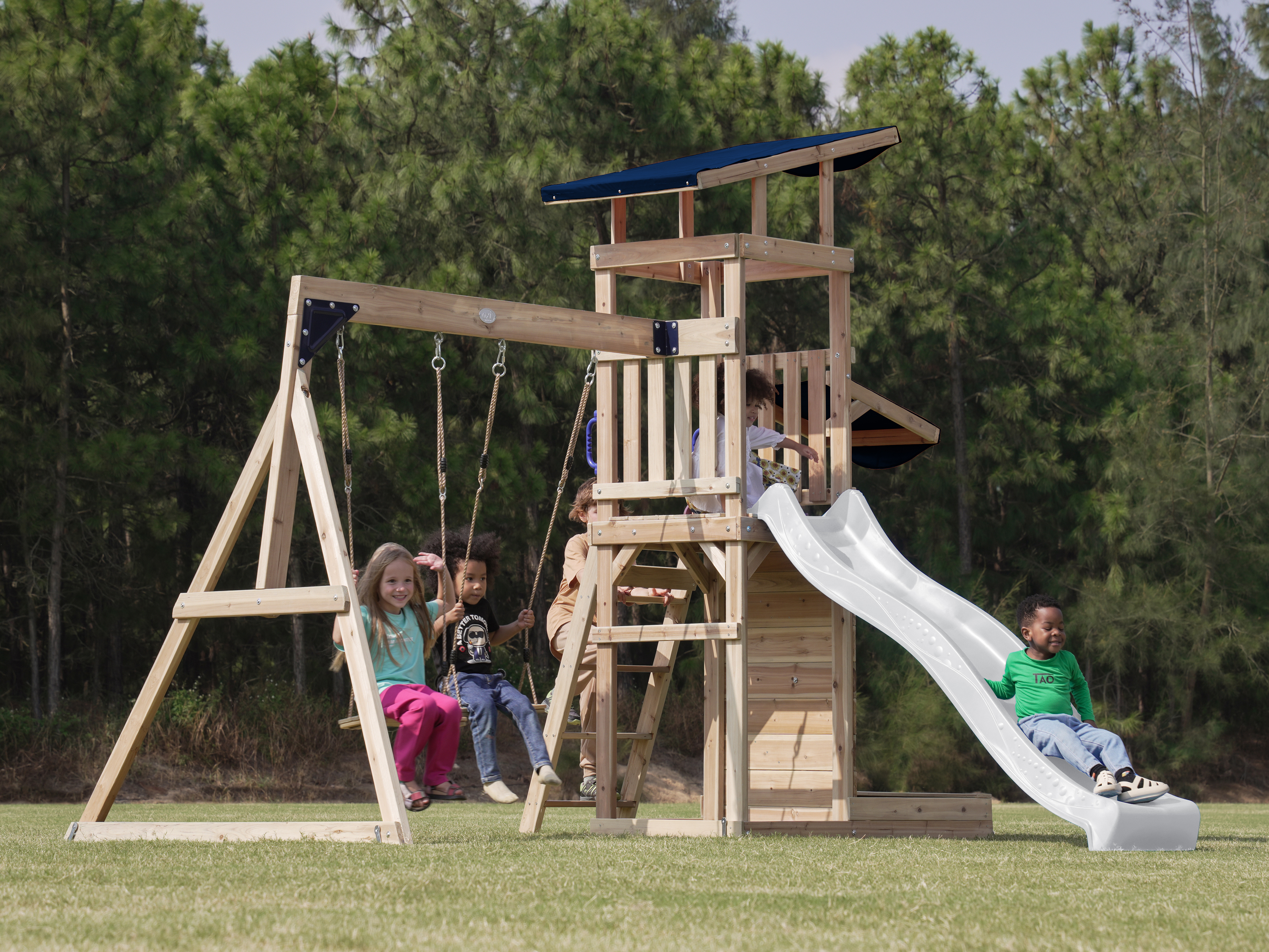 AXI Malik Climbing Frame with Double Swing Set - White Slide