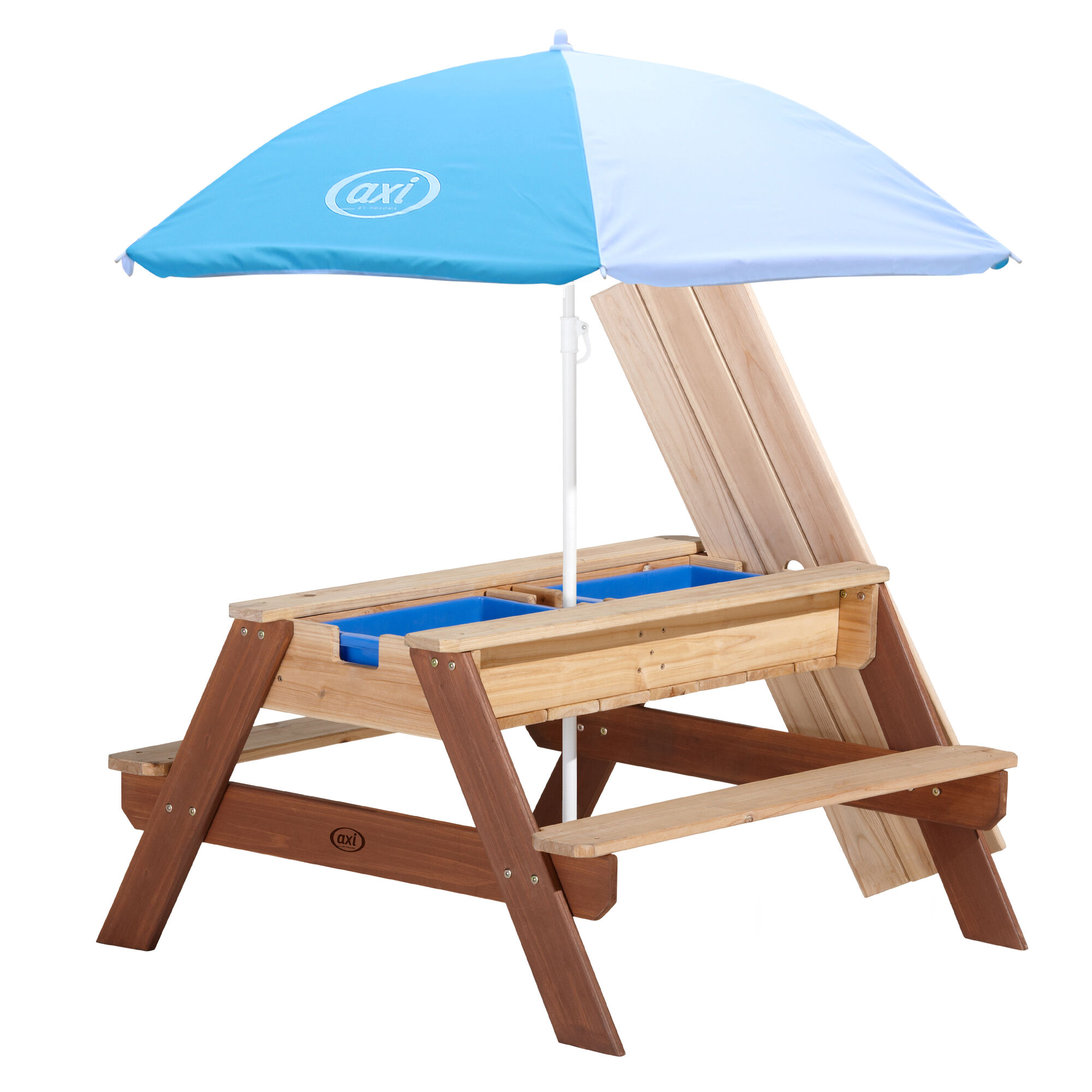 AXI Nick Zand & Water Picknicktafel Bruin - Parasol Blauw/wit - FSC Hout