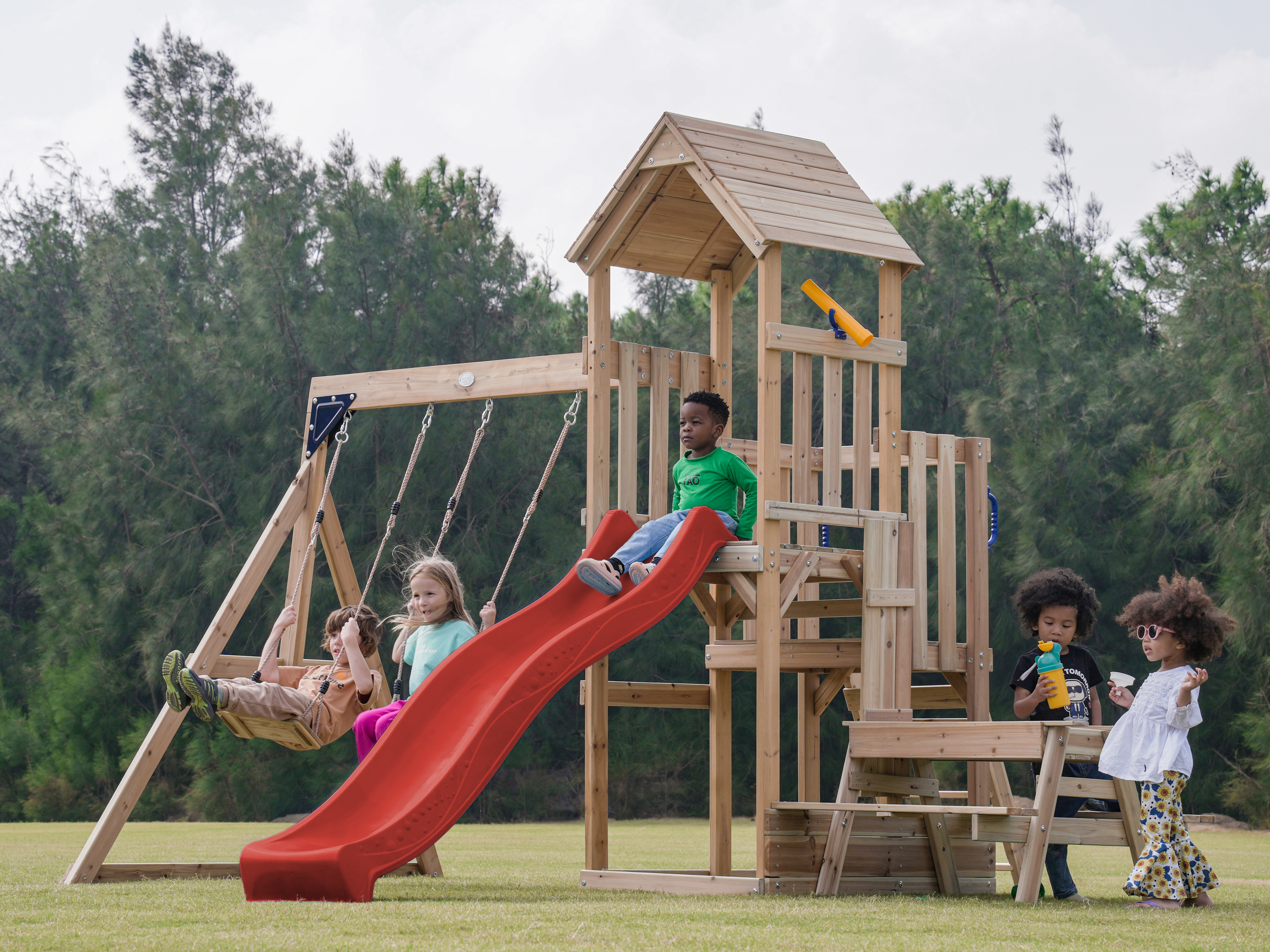 AXI Mette Climbing Frame with Double Swing Set and Picnic Table - Red Slide