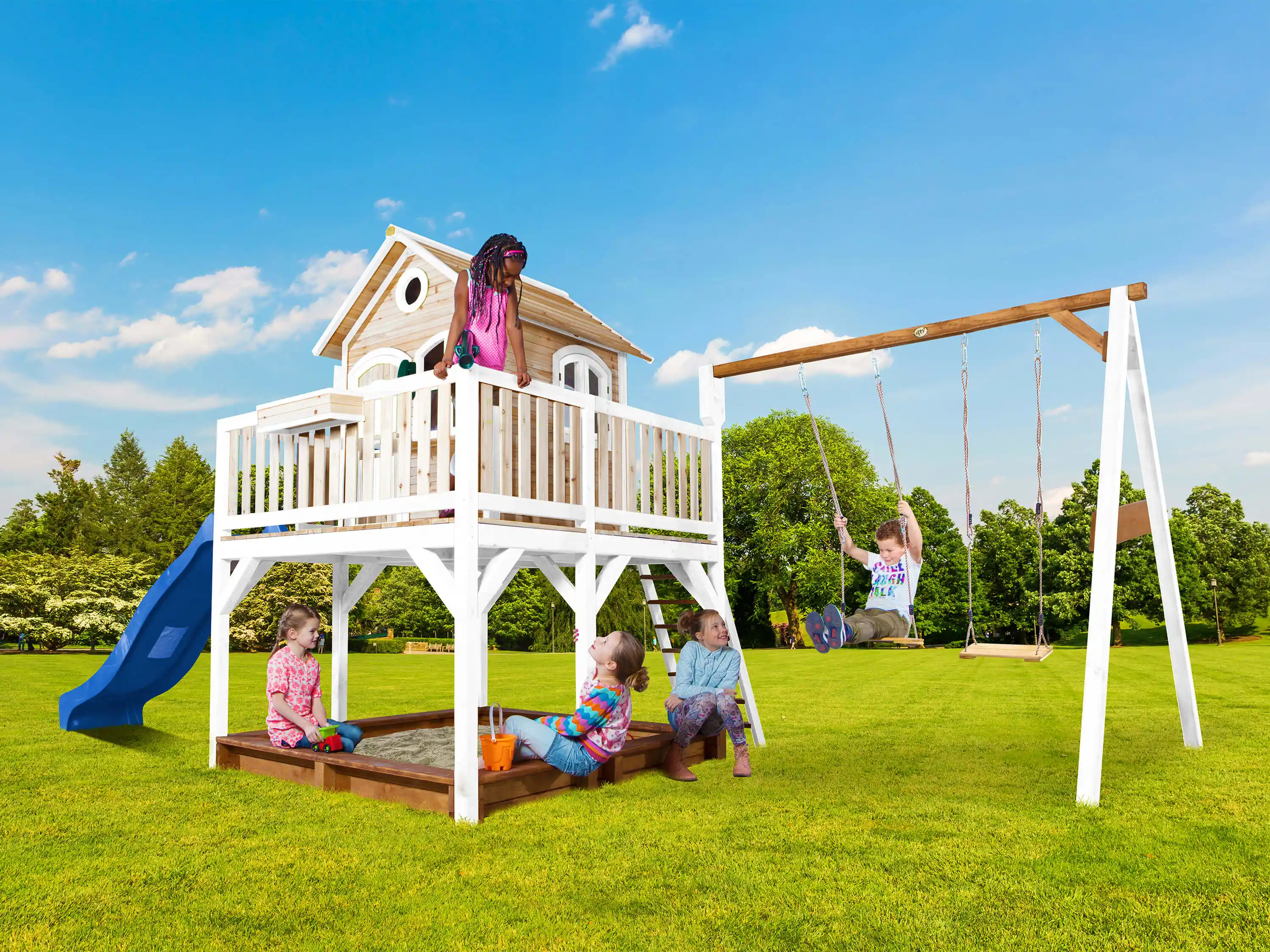 AXI Liam Playhouse with Double Swing Set Brown/White - Blue Slide