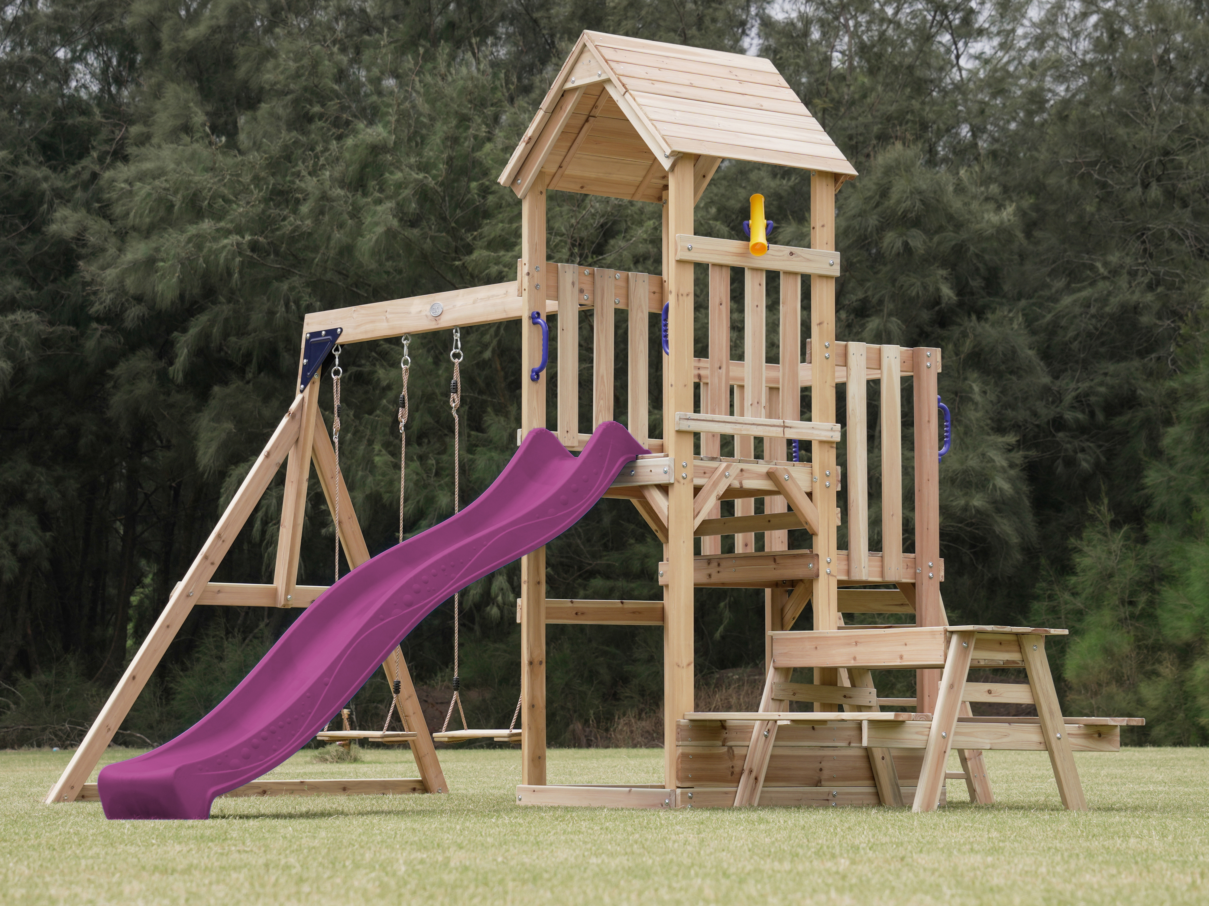 AXI Mette Climbing Frame with Double Swing Set and Picnic Table - Purple Slide