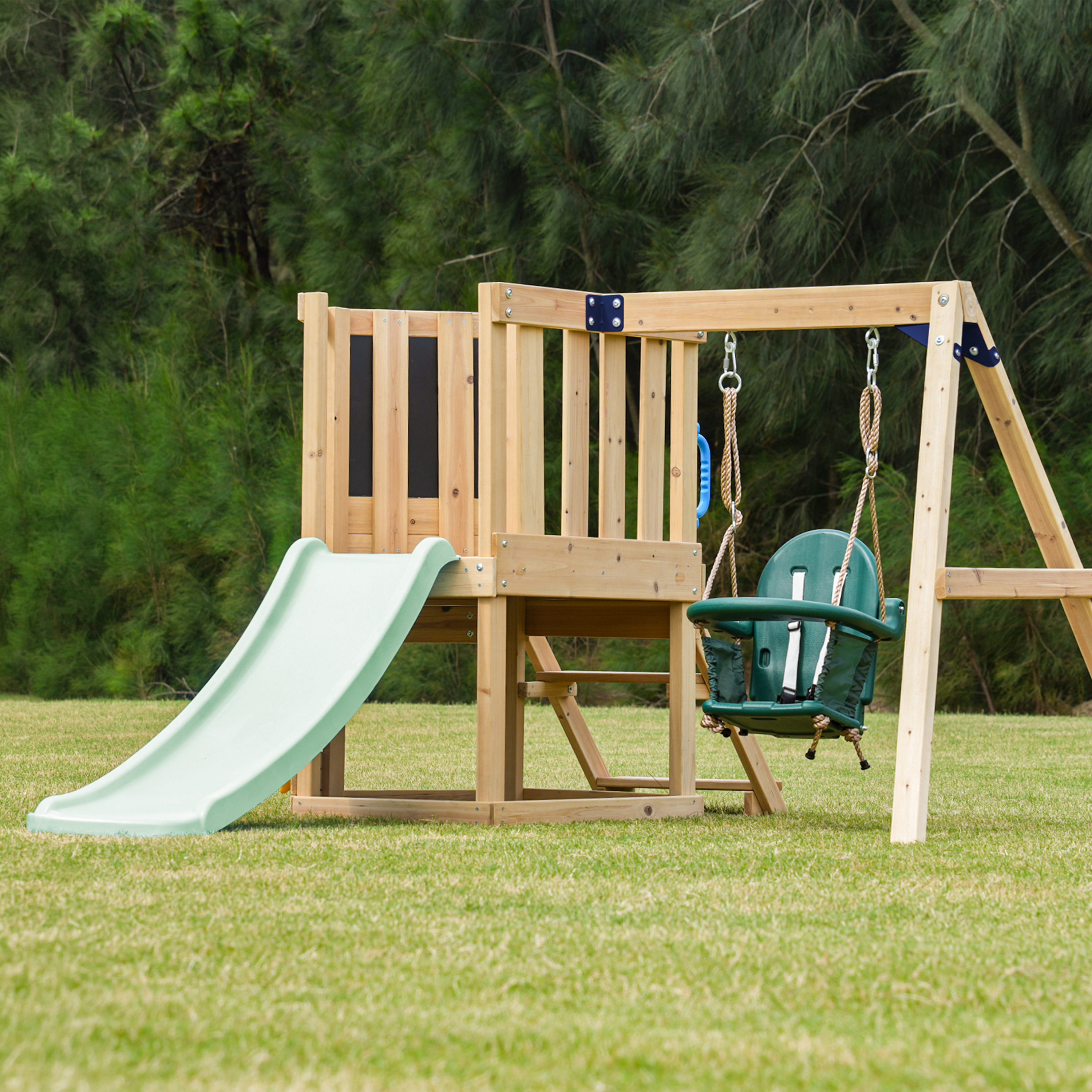 AXI Timo Mini Climbing Frame with Baby Swing. Climbing Wall and Chalkboard – Pastel Green Slide