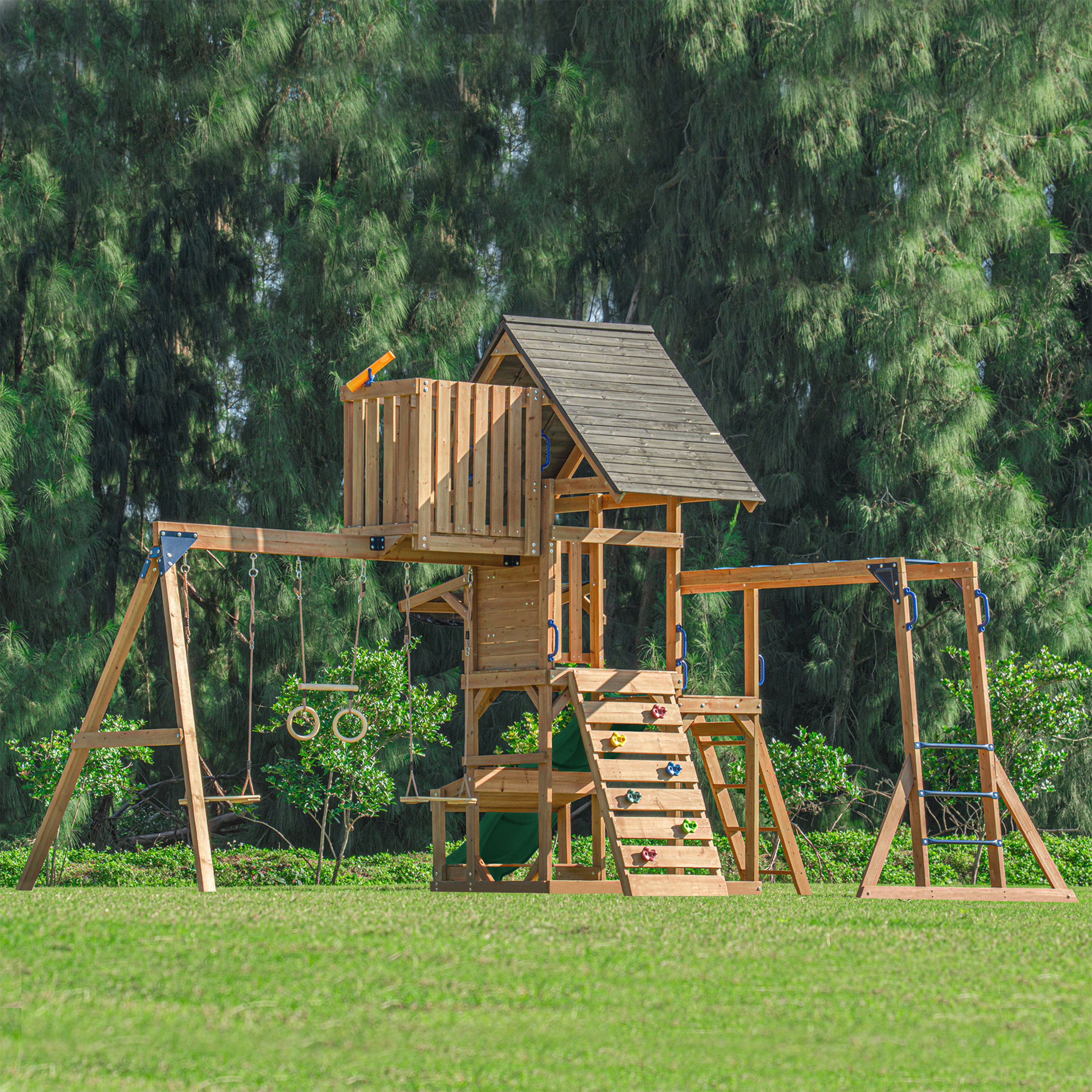 AXI Mitch Climbing Frame with Double Swing. Trapeze and Lookout Tower – Green Slide
