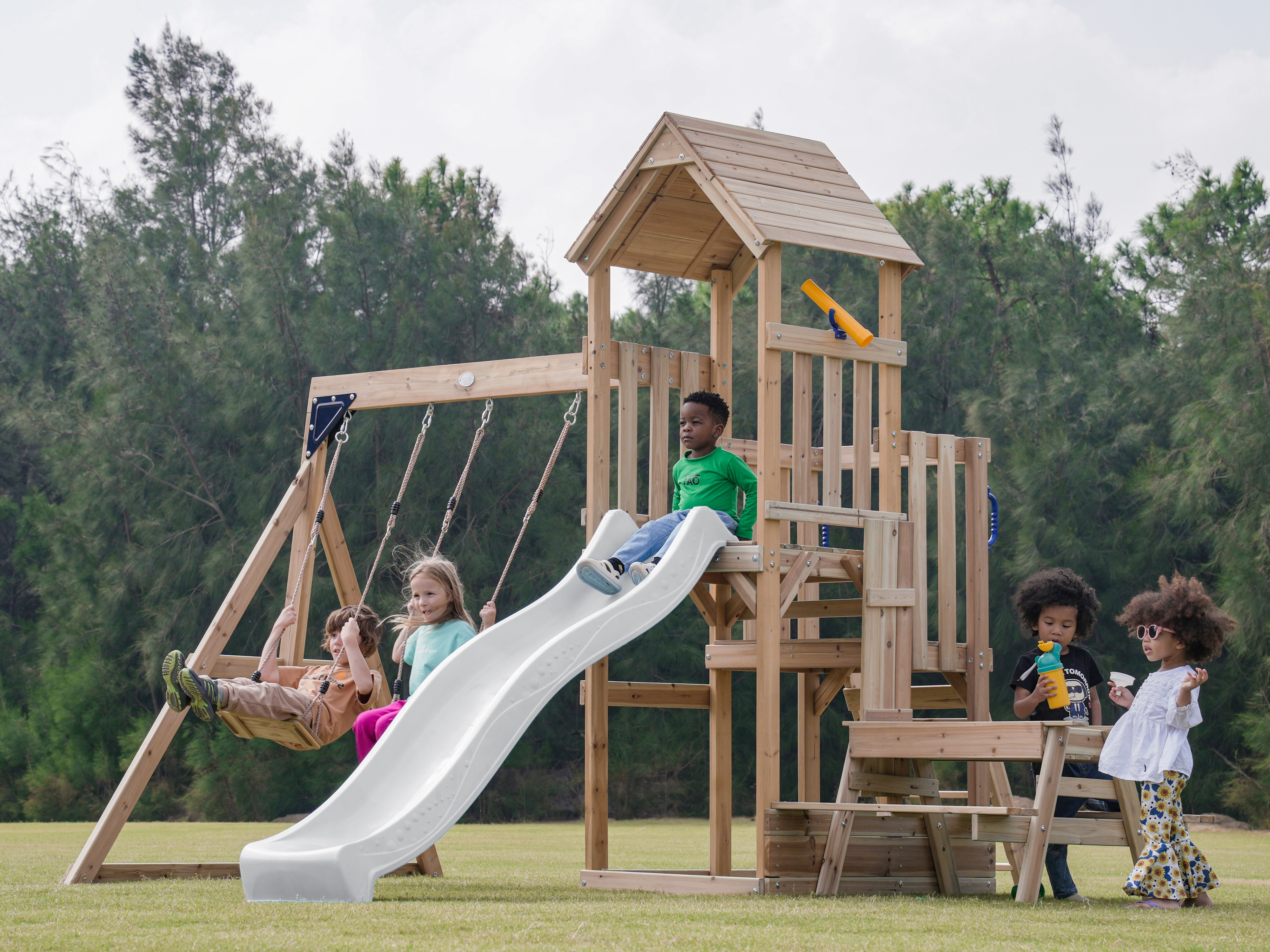 AXI Mette Climbing Frame with Double Swing Set and Picnic Table - White Slide