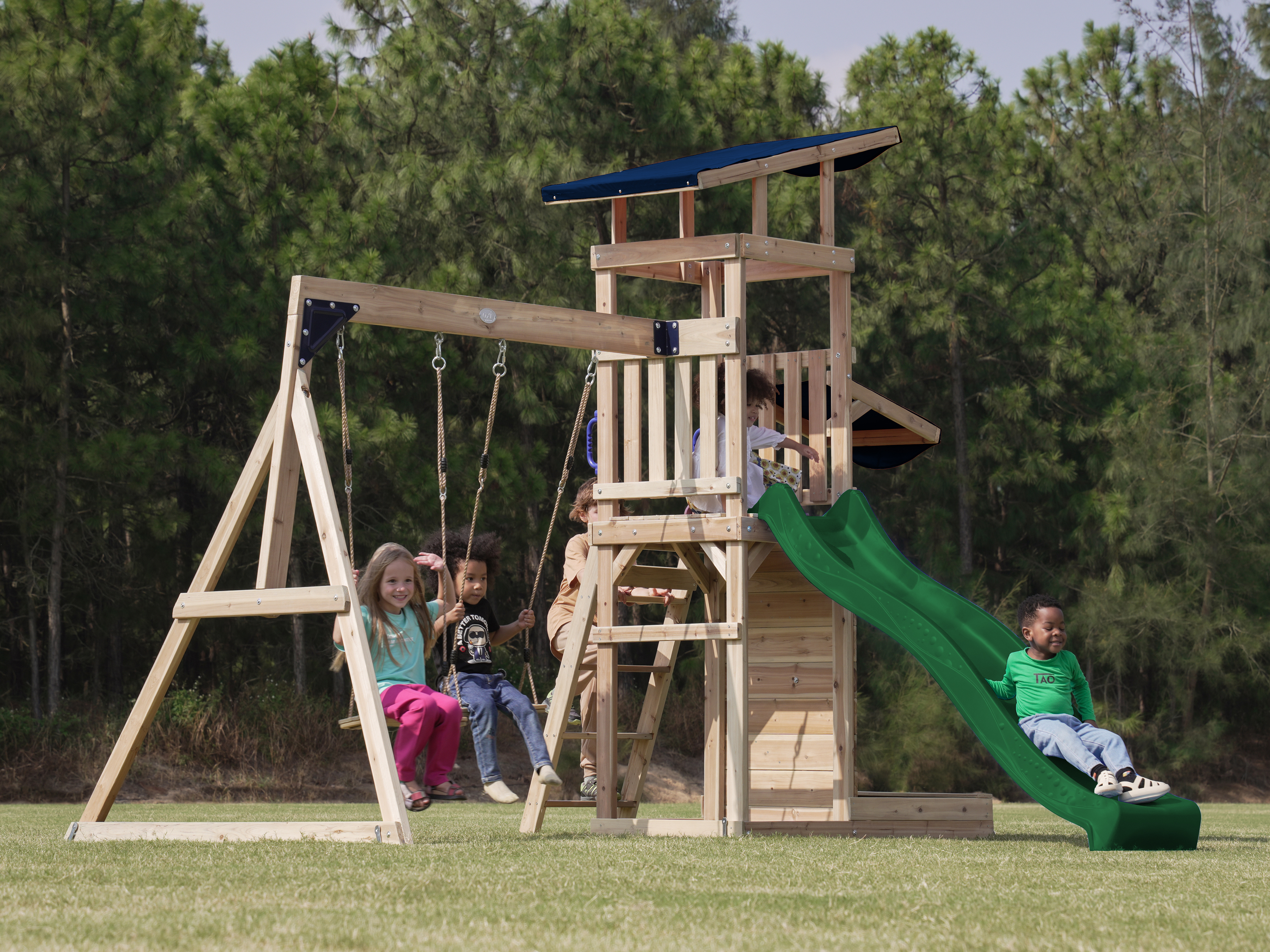 AXI Malik Climbing Frame with Double Swing Set - Green Slide