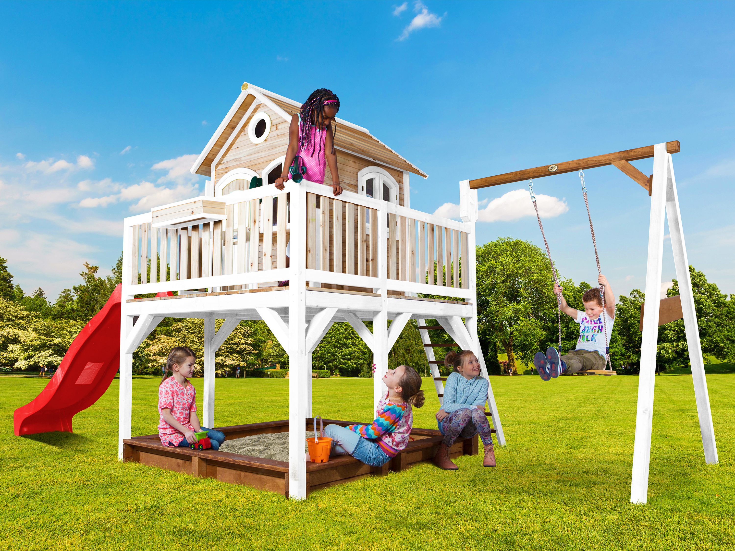 AXI Liam Playhouse with Single Swing Set Brown/White - Red Slide