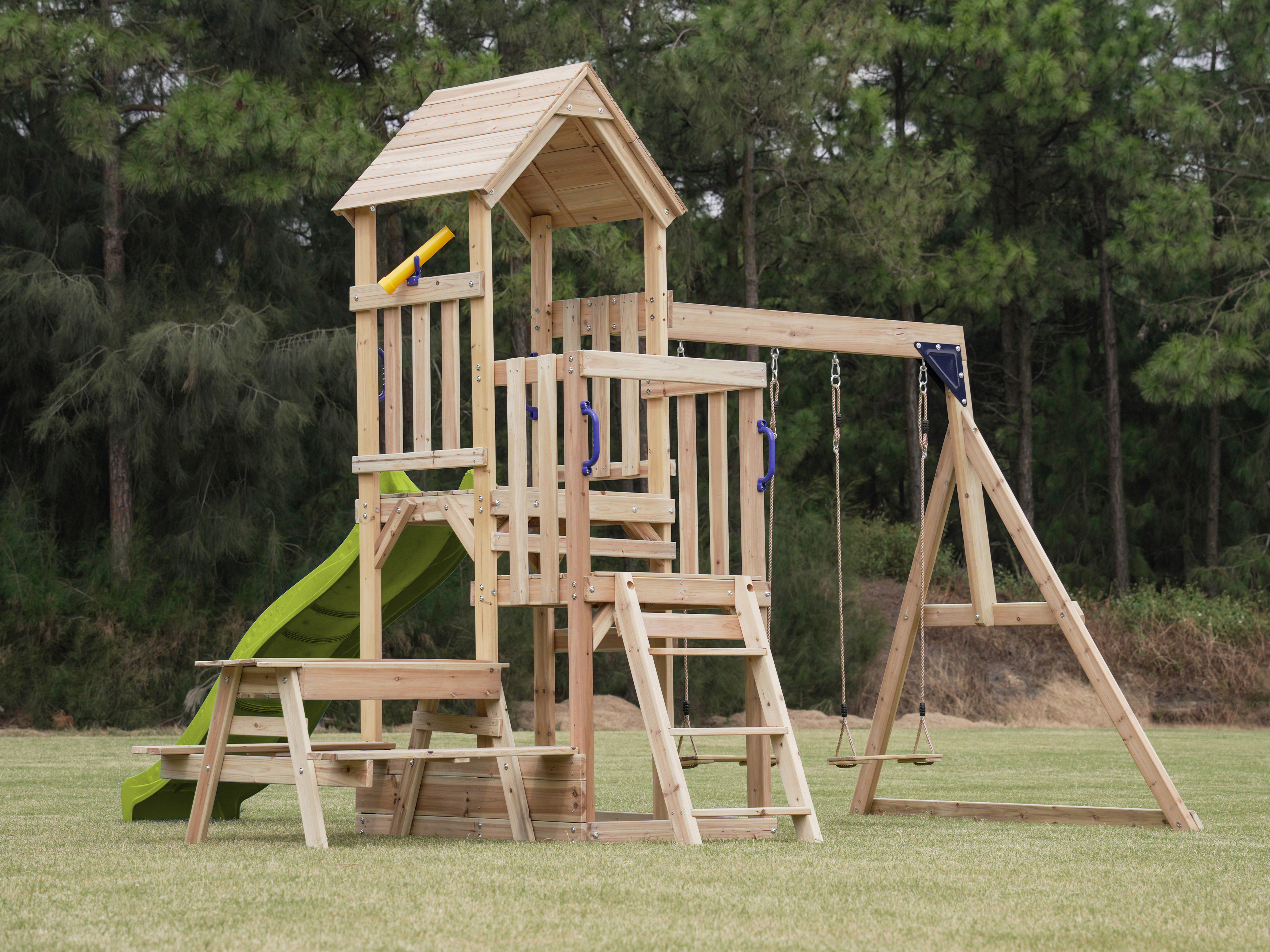 AXI Mette Climbing Frame with Double Swing Set and Picnic Table - Lime Green Slide