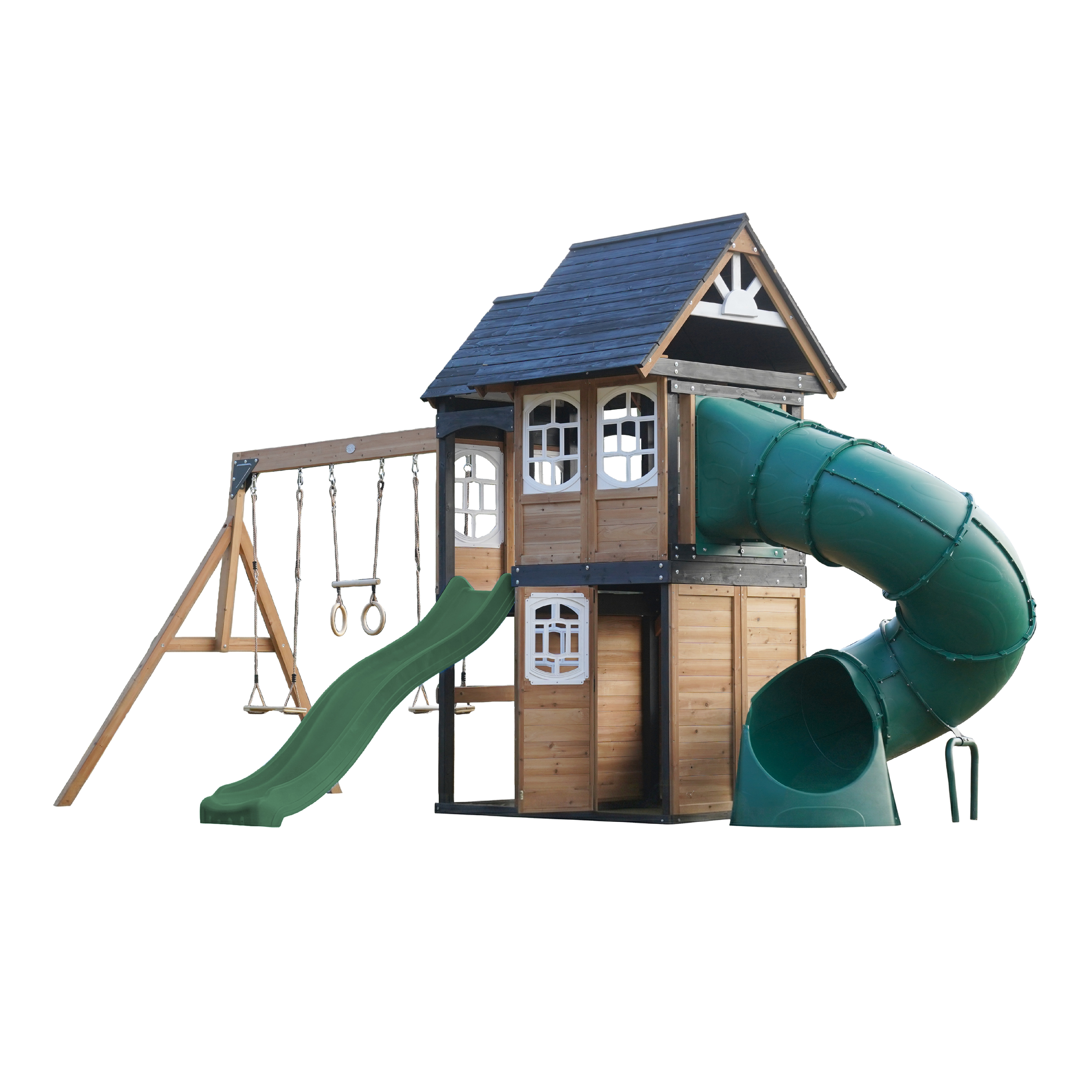 AXI Noud Climbing Frame with Playhouse, Swings, Trapeze and Climbing Wall – Green Slide and Tube Slide