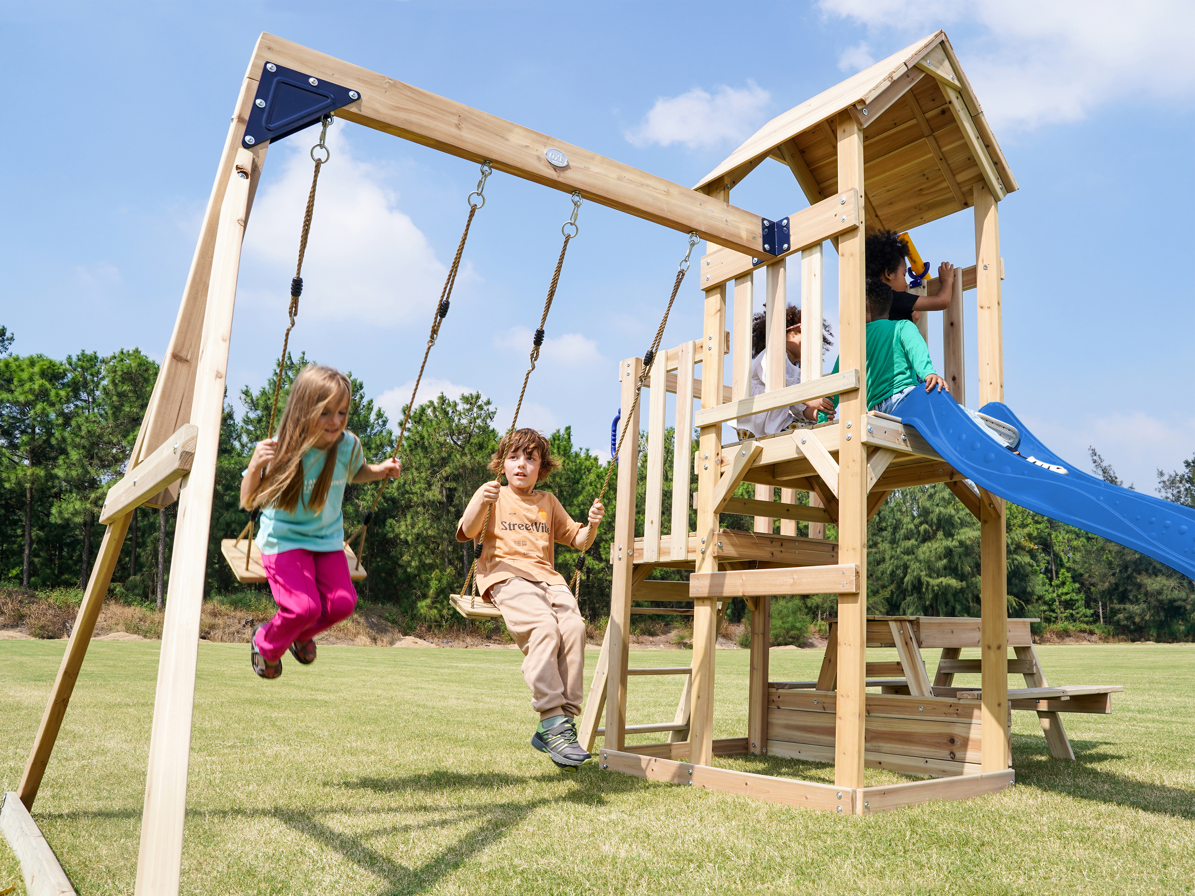 AXI Mette Climbing Frame with Double Swing Set and Picnic Table - Blue Slide
