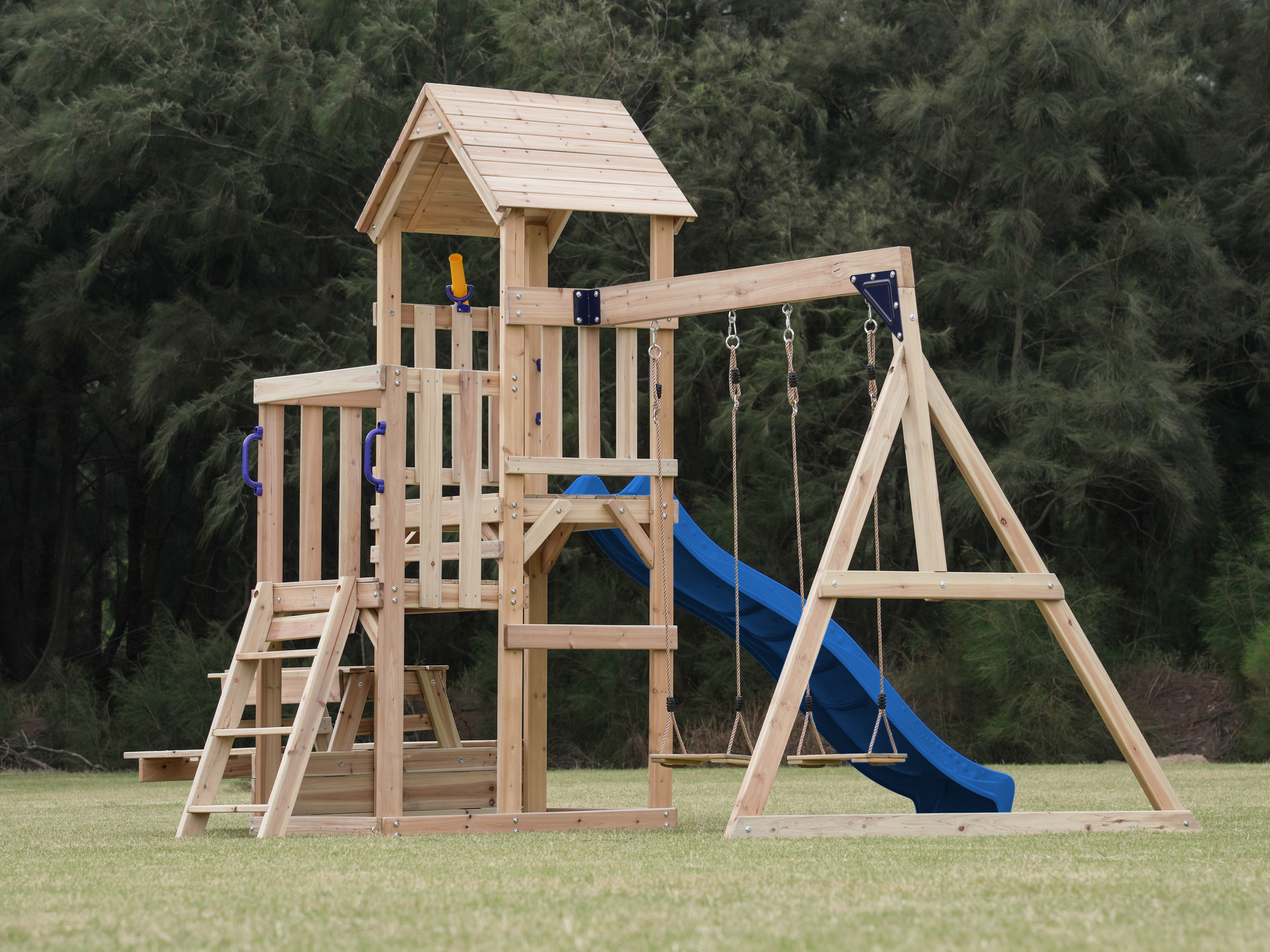 AXI Mette Climbing Frame with Double Swing Set and Picnic Table - Blue Slide