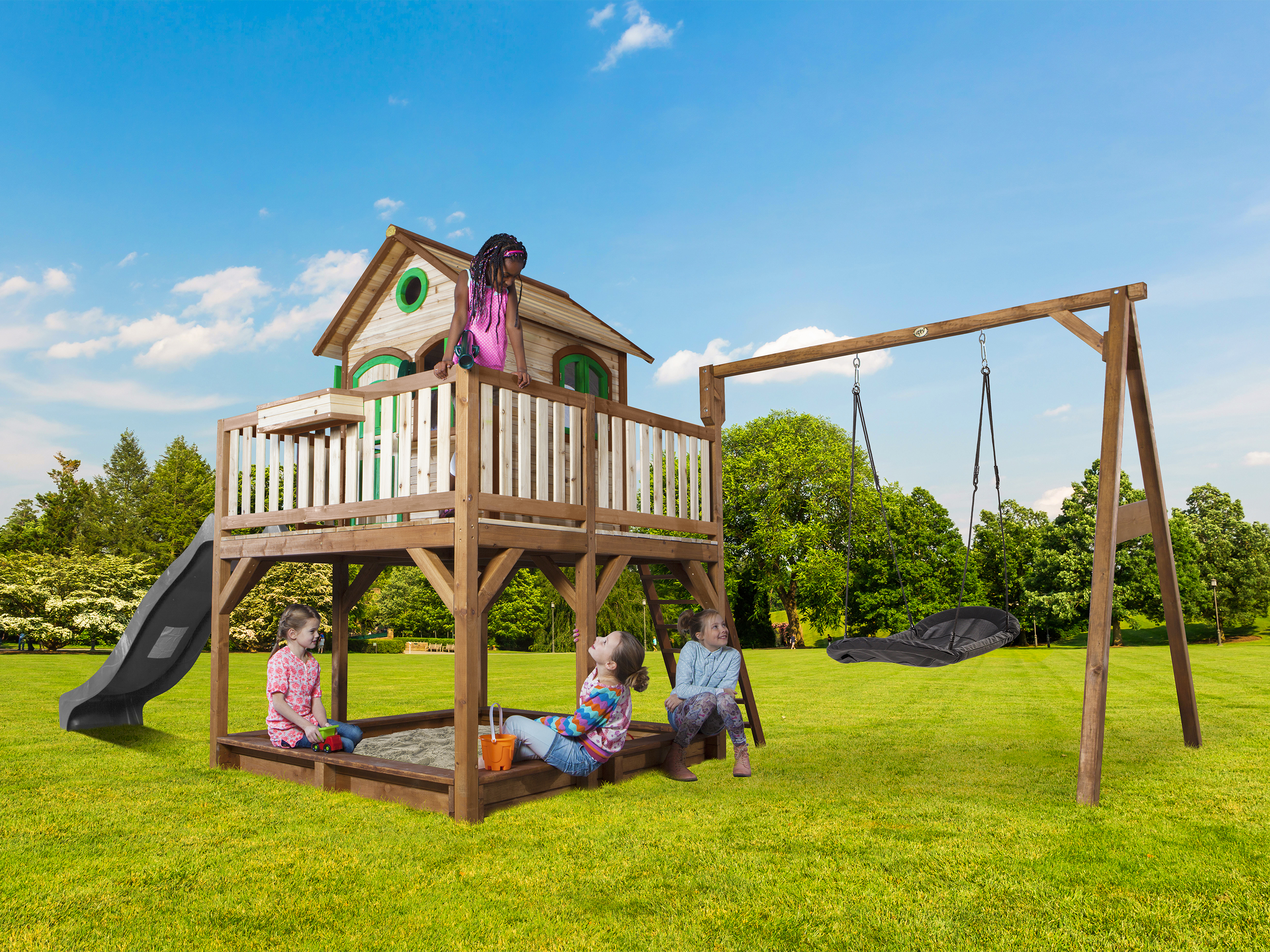 AXI Liam Playhouse with Roxy Nest Swing Set Brown/Green - Grey Slide