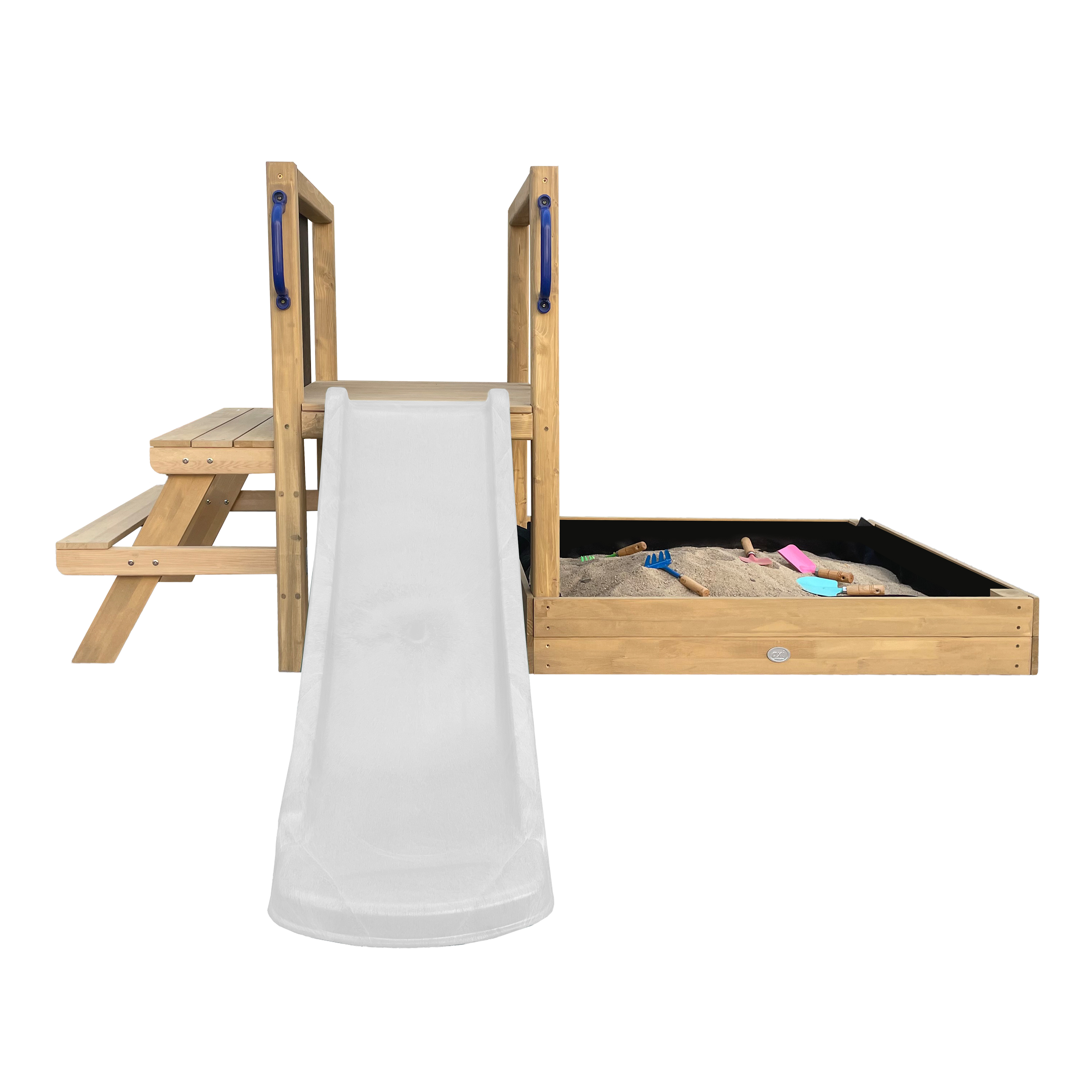 AXI Leah Mini Wooden Playtower with Sandbox. Picnic Table & Chalkboard – White Slide
