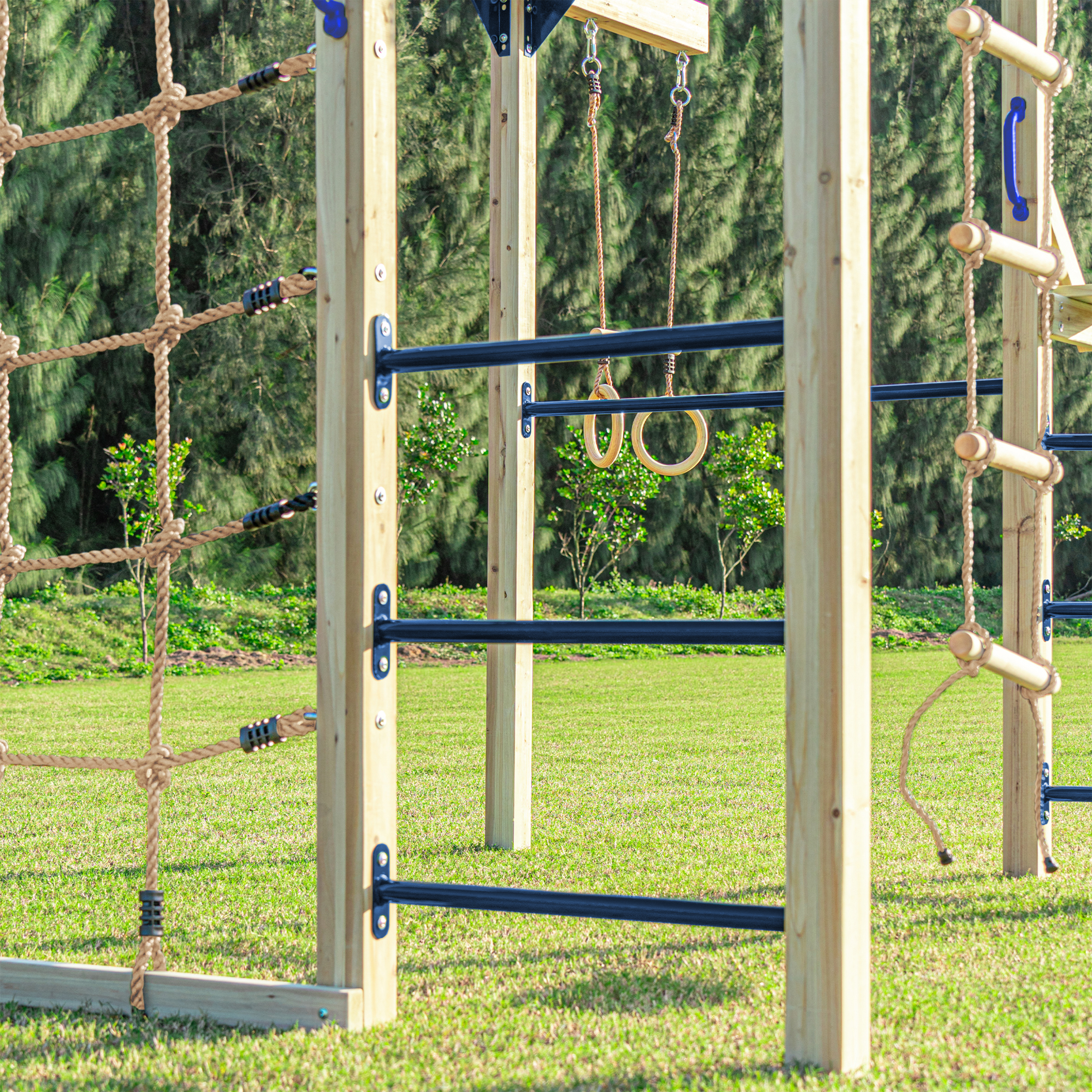 AXI Boris Wooden Playcentre with Swings. Trapeze. Climbing Nets and Monkey Bars – Grey Slide