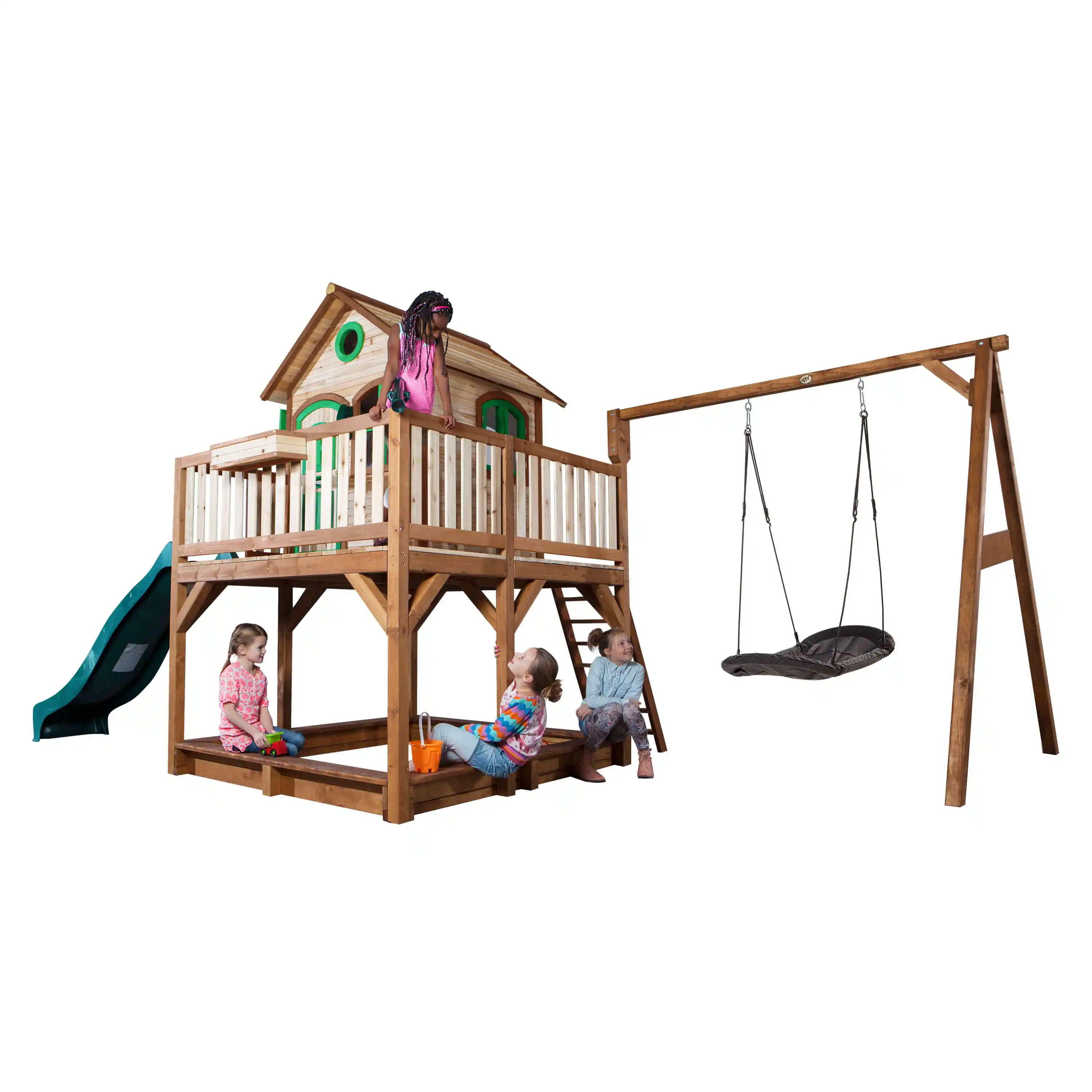 AXI Liam Playhouse with Roxy Nest Swing Set Brown/Green - Green Slide