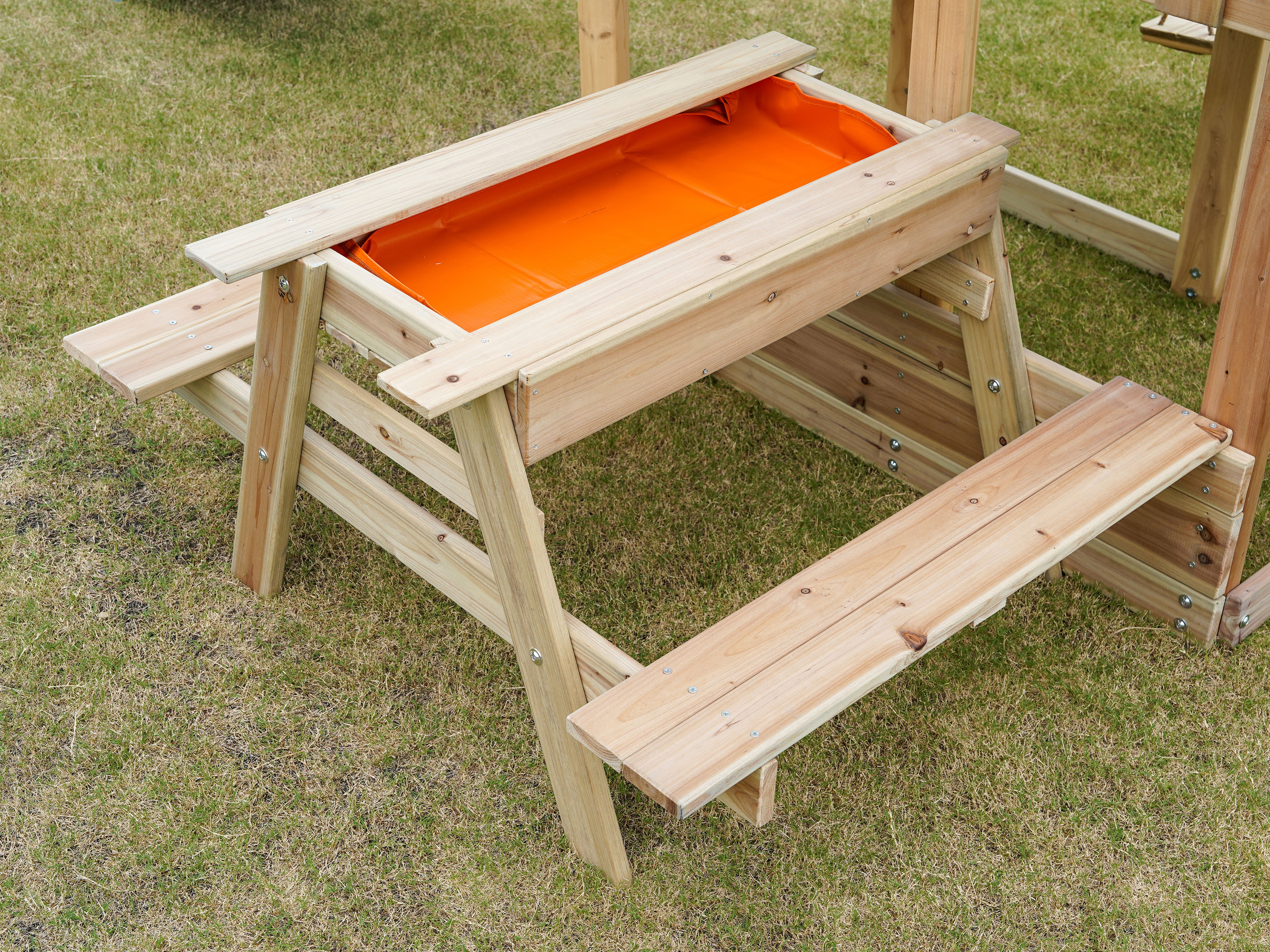 AXI Mette Climbing Frame with Double Swing Set and Picnic Table - Blue Slide