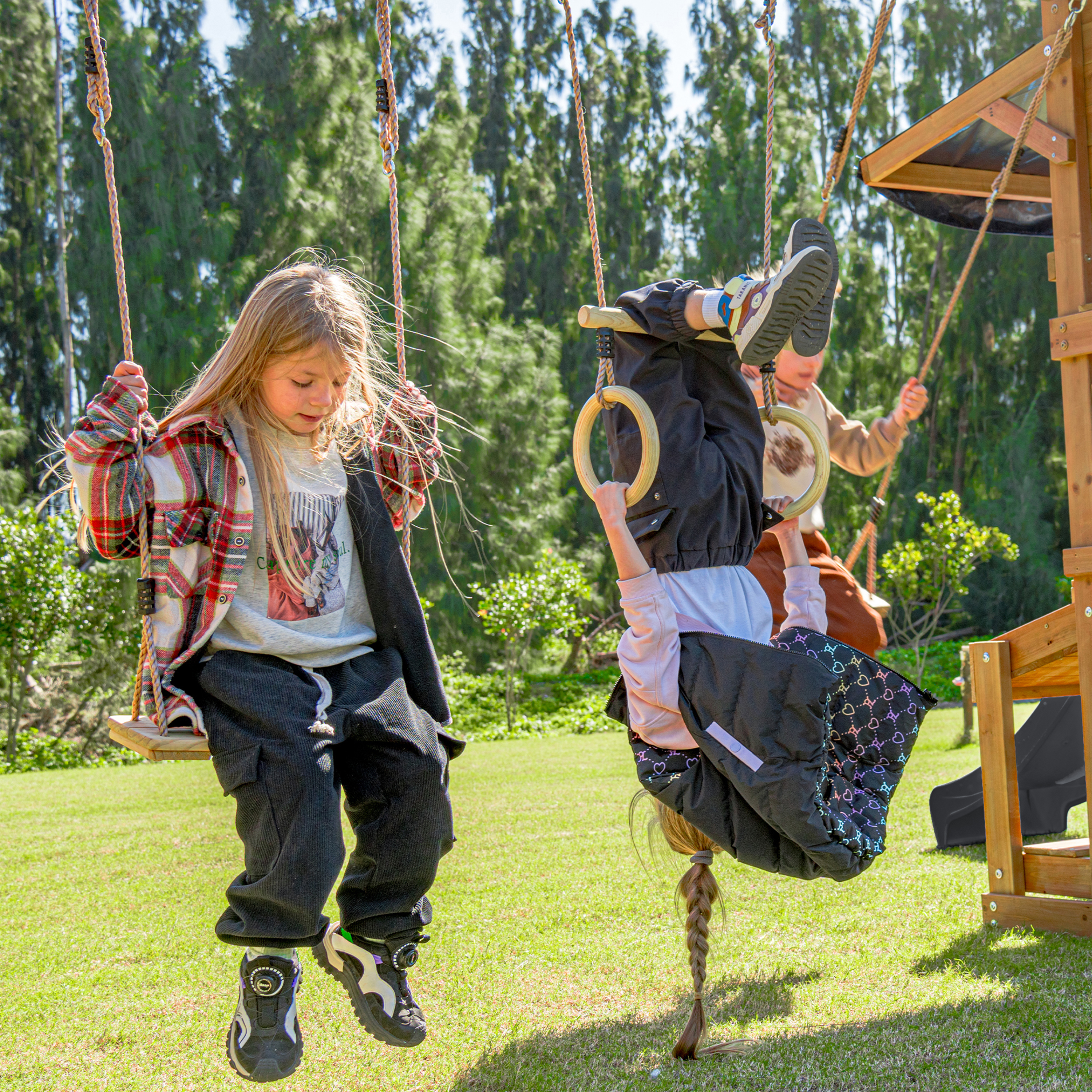 AXI Mitch Climbing Frame with Double Swing, Trapeze and Lookout Tower – Grey Slide