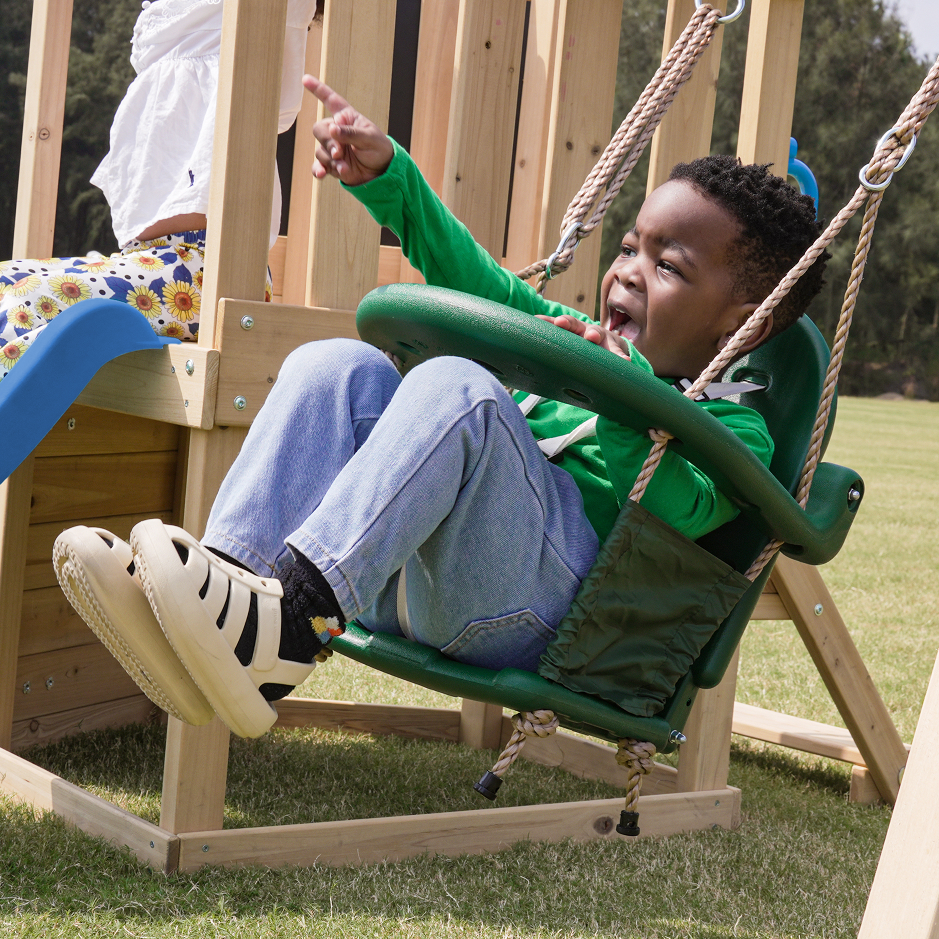 AXI Timo Mini Climbing Frame with Baby Swing. Climbing Wall and Chalkboard – Blue Slide