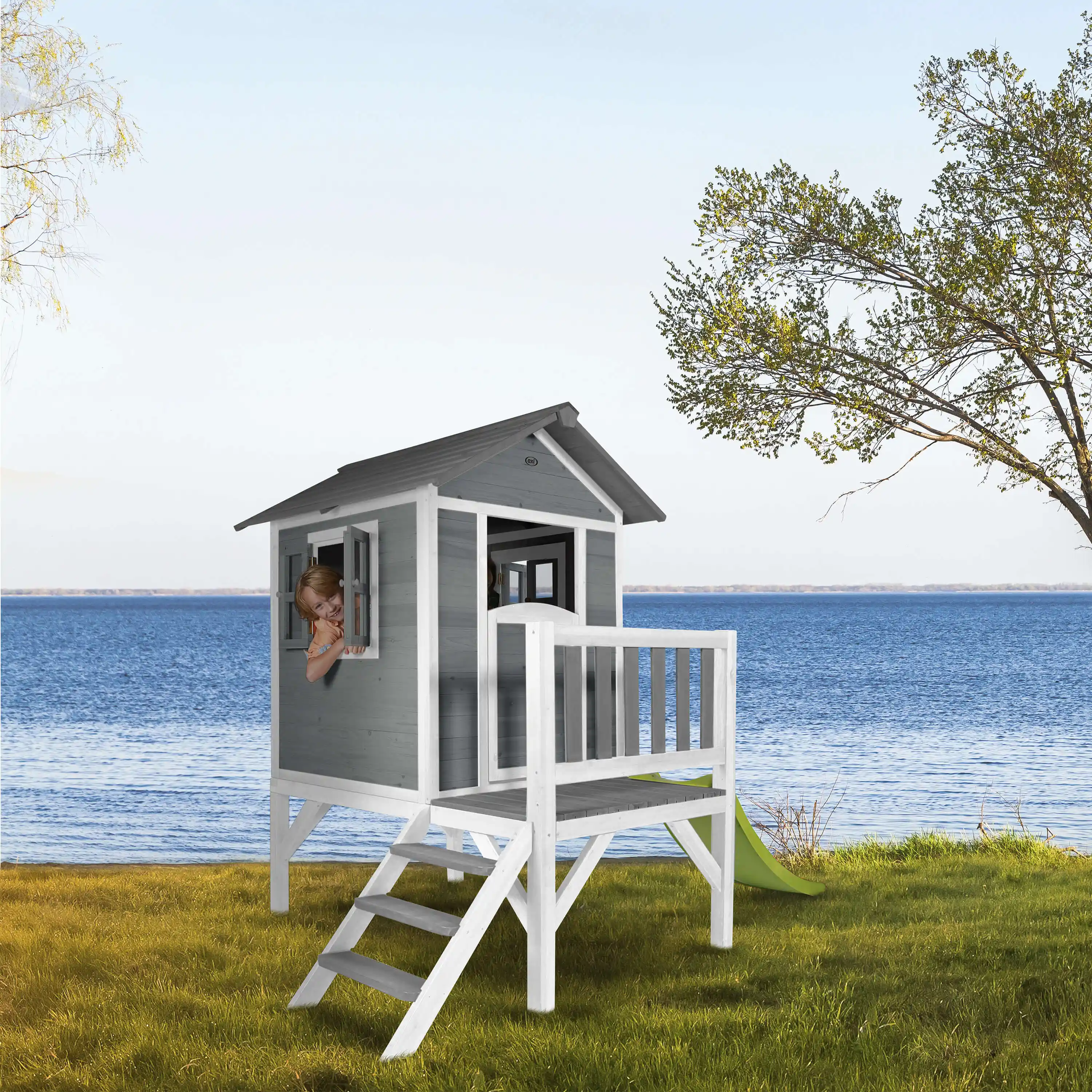 AXI Lodge XL Playhouse Cool Grey - Lime Green Slide