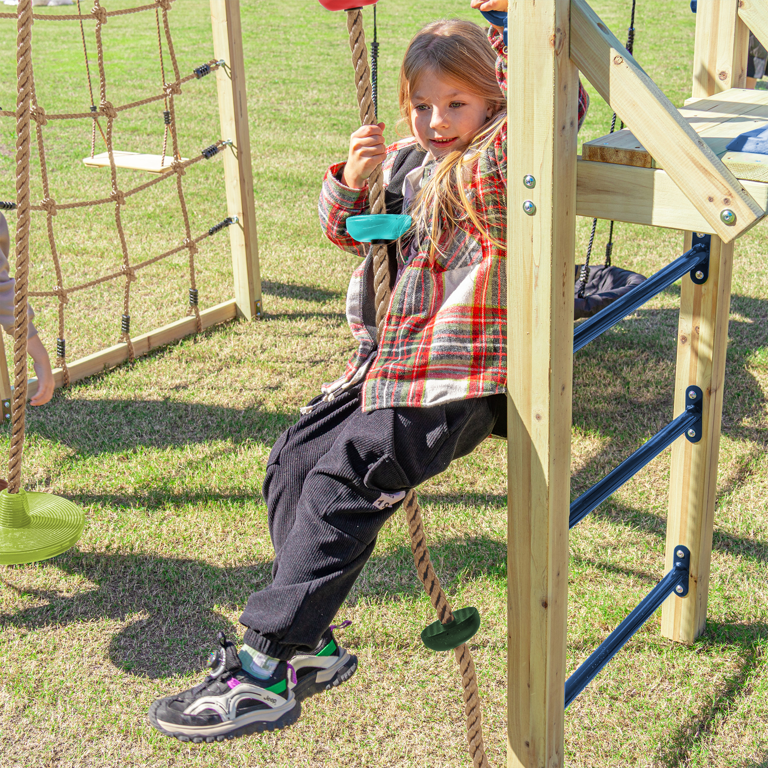AXI Boris Wooden Playcentre with Swings. Trapeze. Climbing Nets and Monkey Bars – Blue Slide