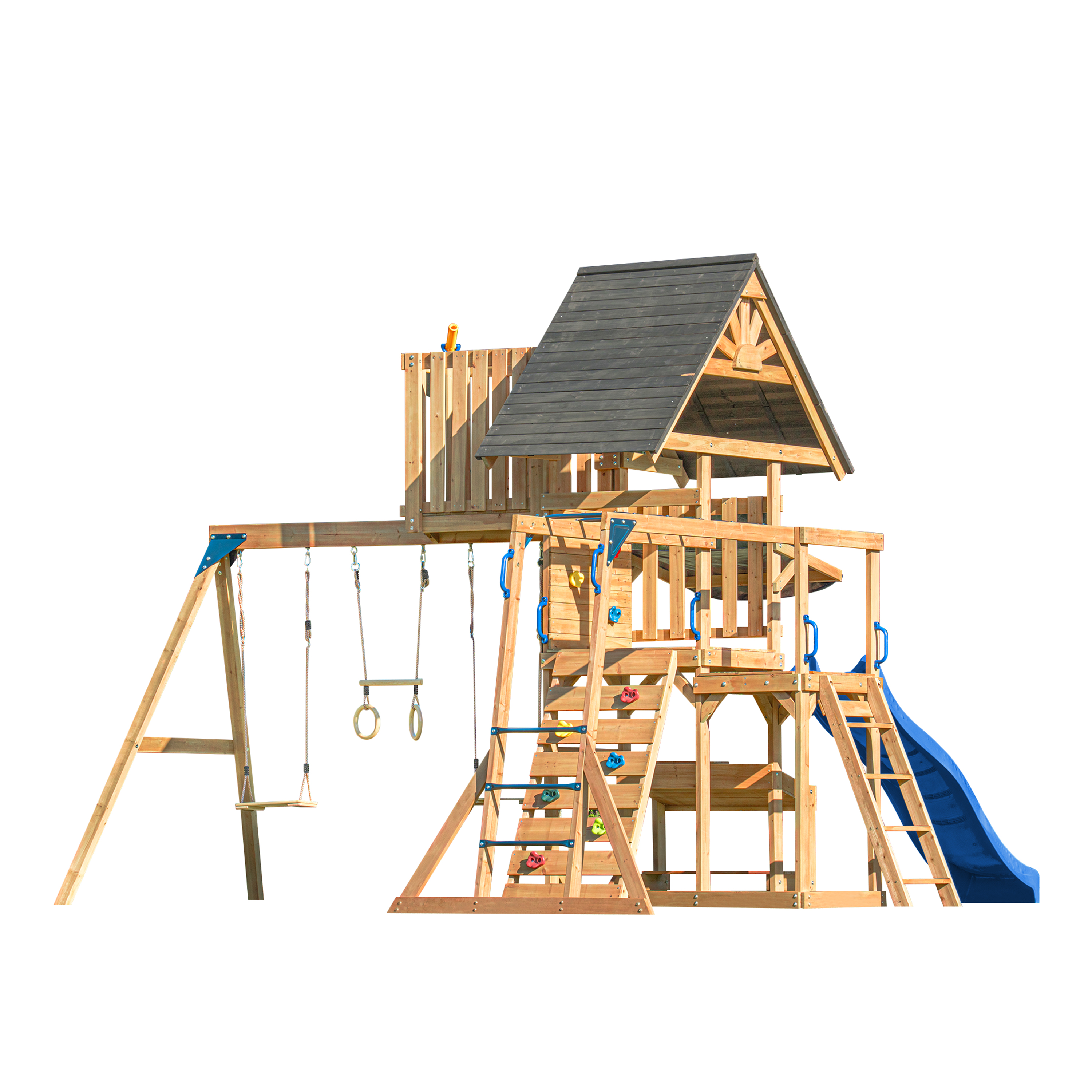 AXI Mitch Climbing Frame with Double Swing, Trapeze and Lookout Tower – Blue Slide