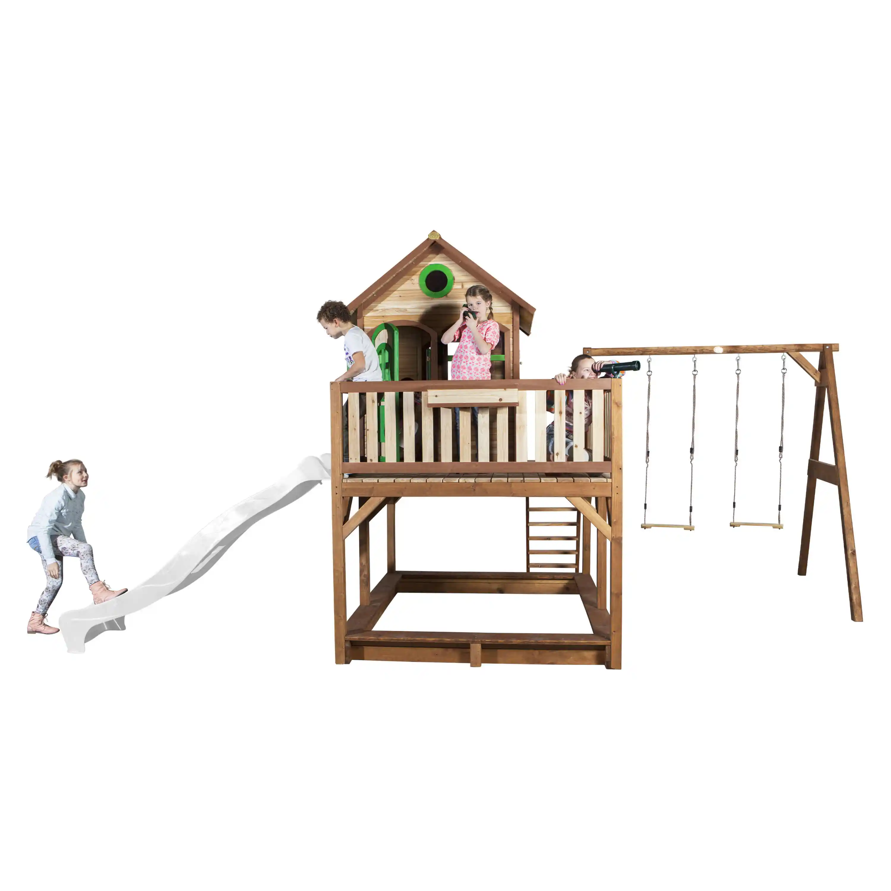 AXI Liam Playhouse with Double Swing Set Brown/Green - White Slide