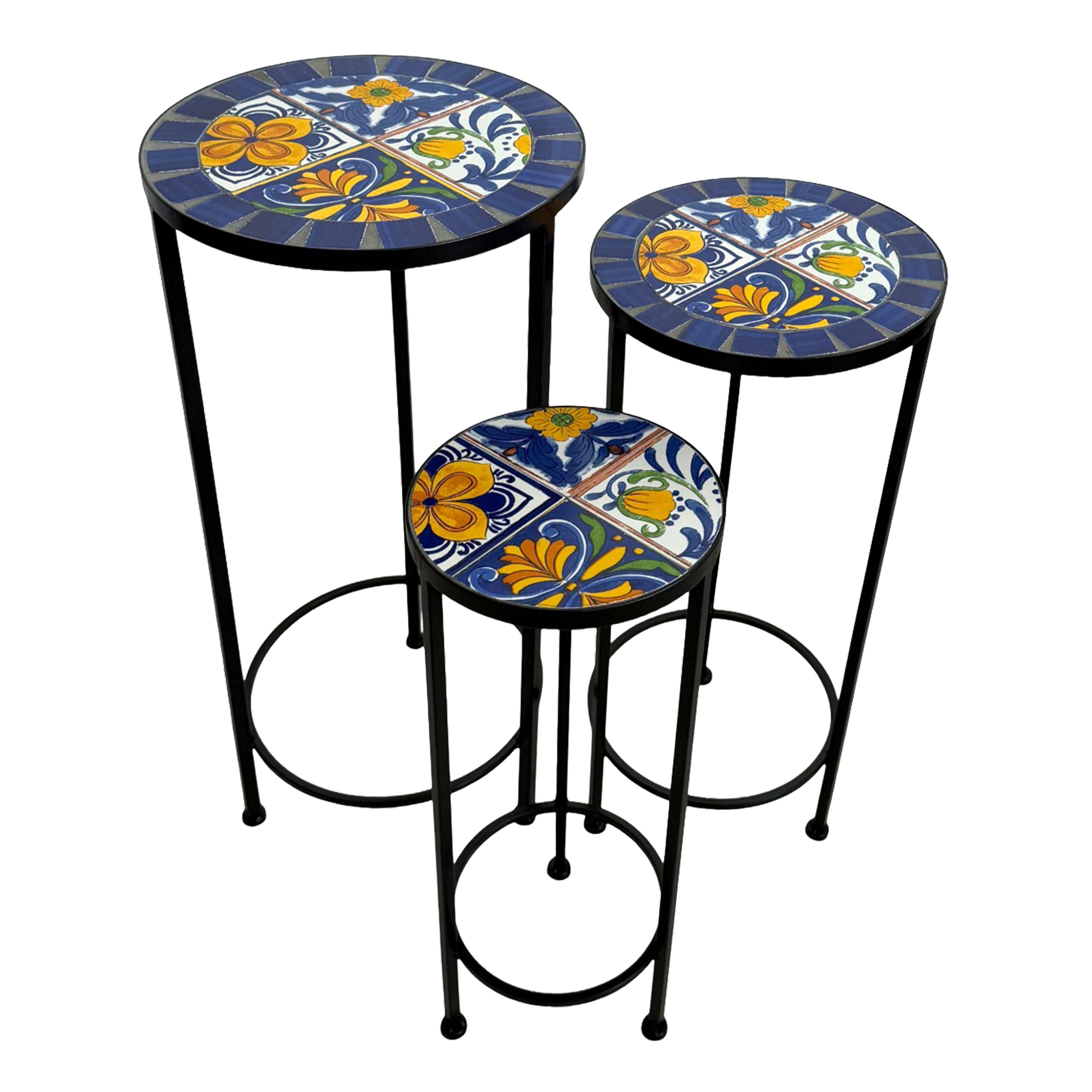 AXI Lola Mosaic Plant Table Round Mediterranean Style – Blue/Yellow – Set of 3