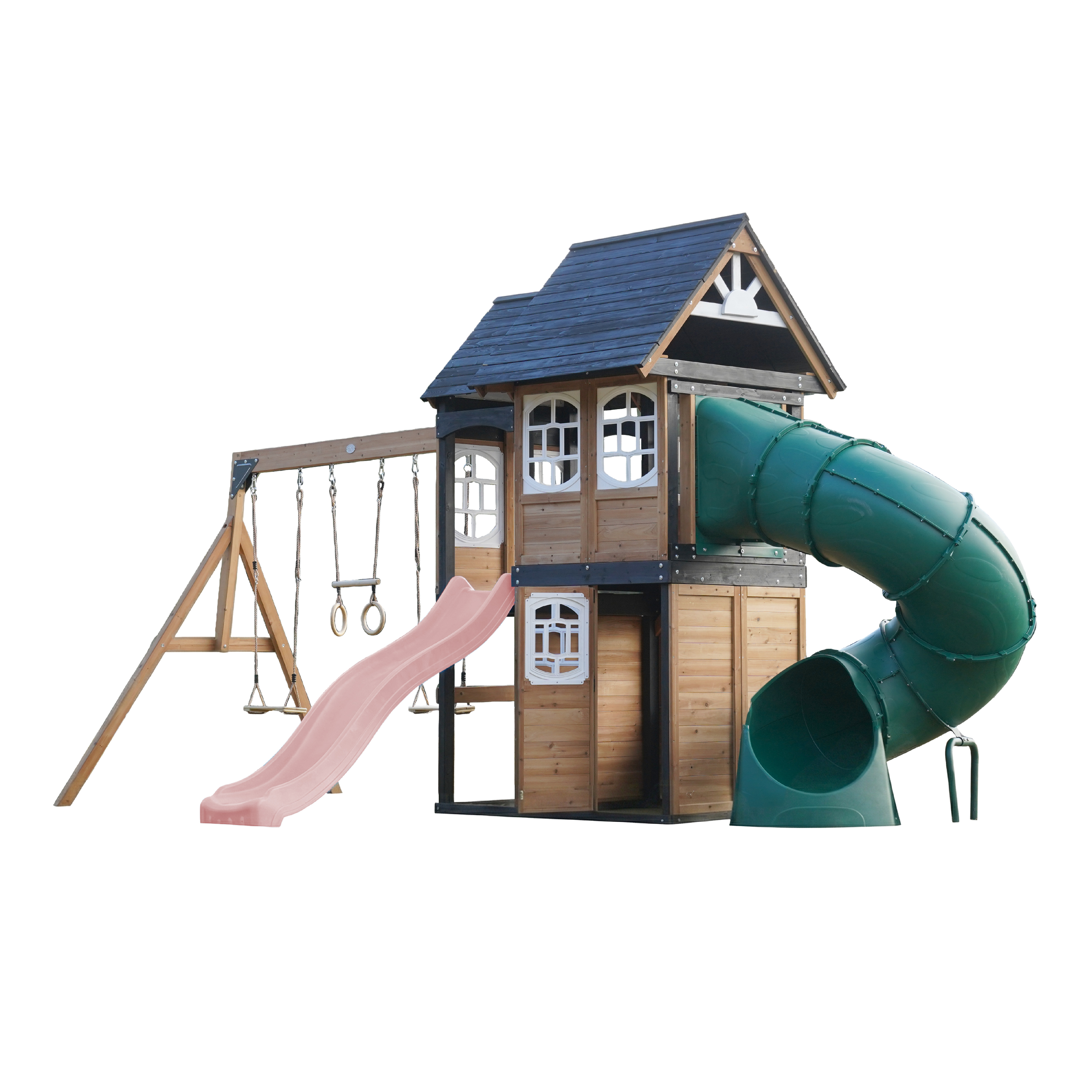 AXI Noud Climbing Frame with Playhouse. Swings. Trapeze and Climbing Wall – Pastel Pink Slide and Tube Slide