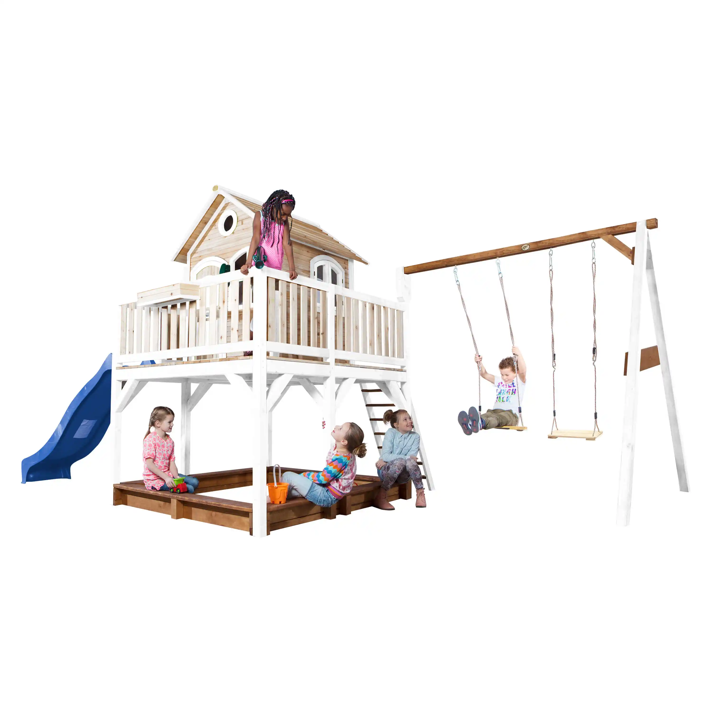 AXI Liam Playhouse with Double Swing Set Brown/White - Blue Slide