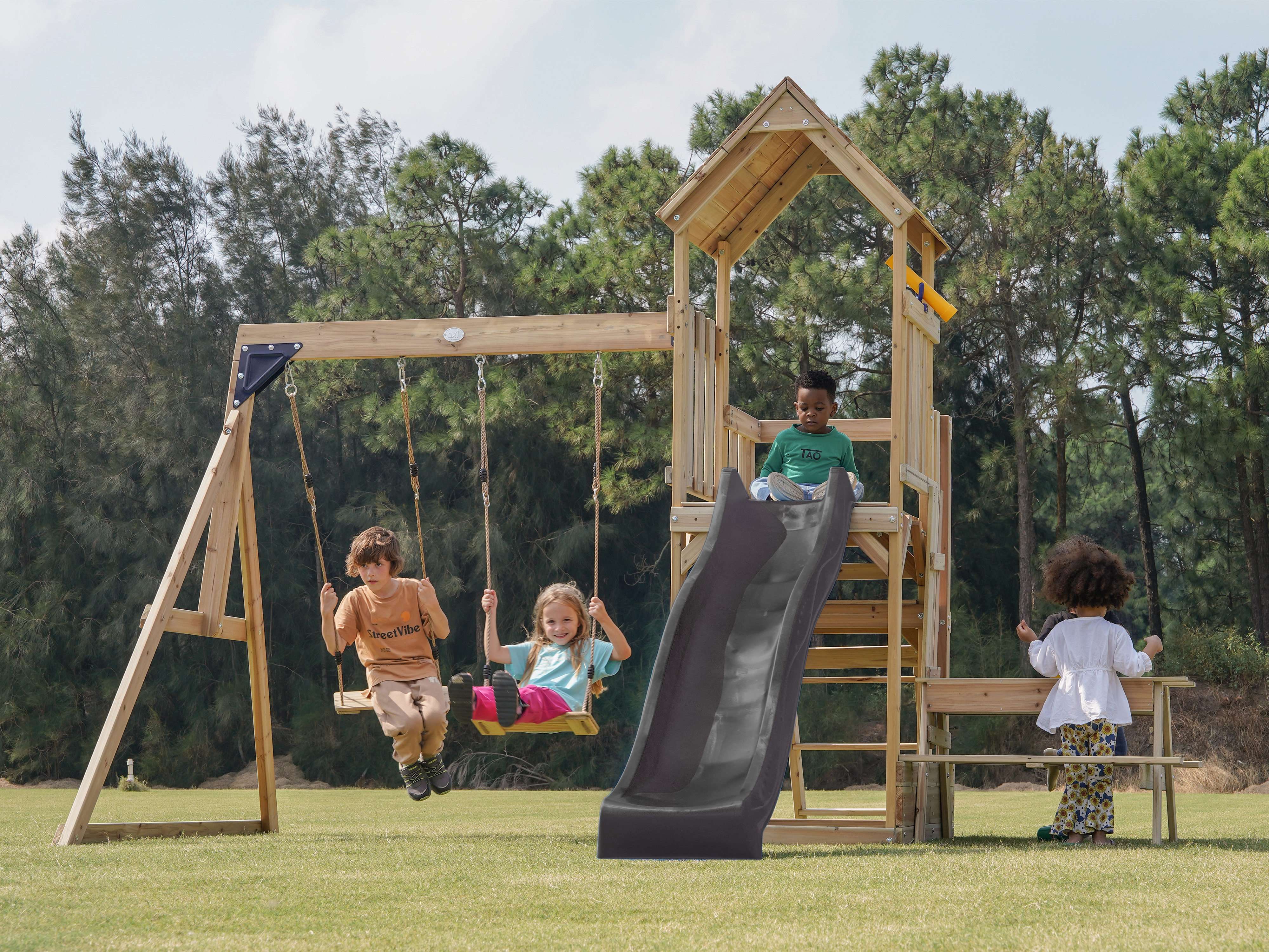 AXI Mette Climbing Frame with Double Swing Set and Picnic Table - Grey Slide