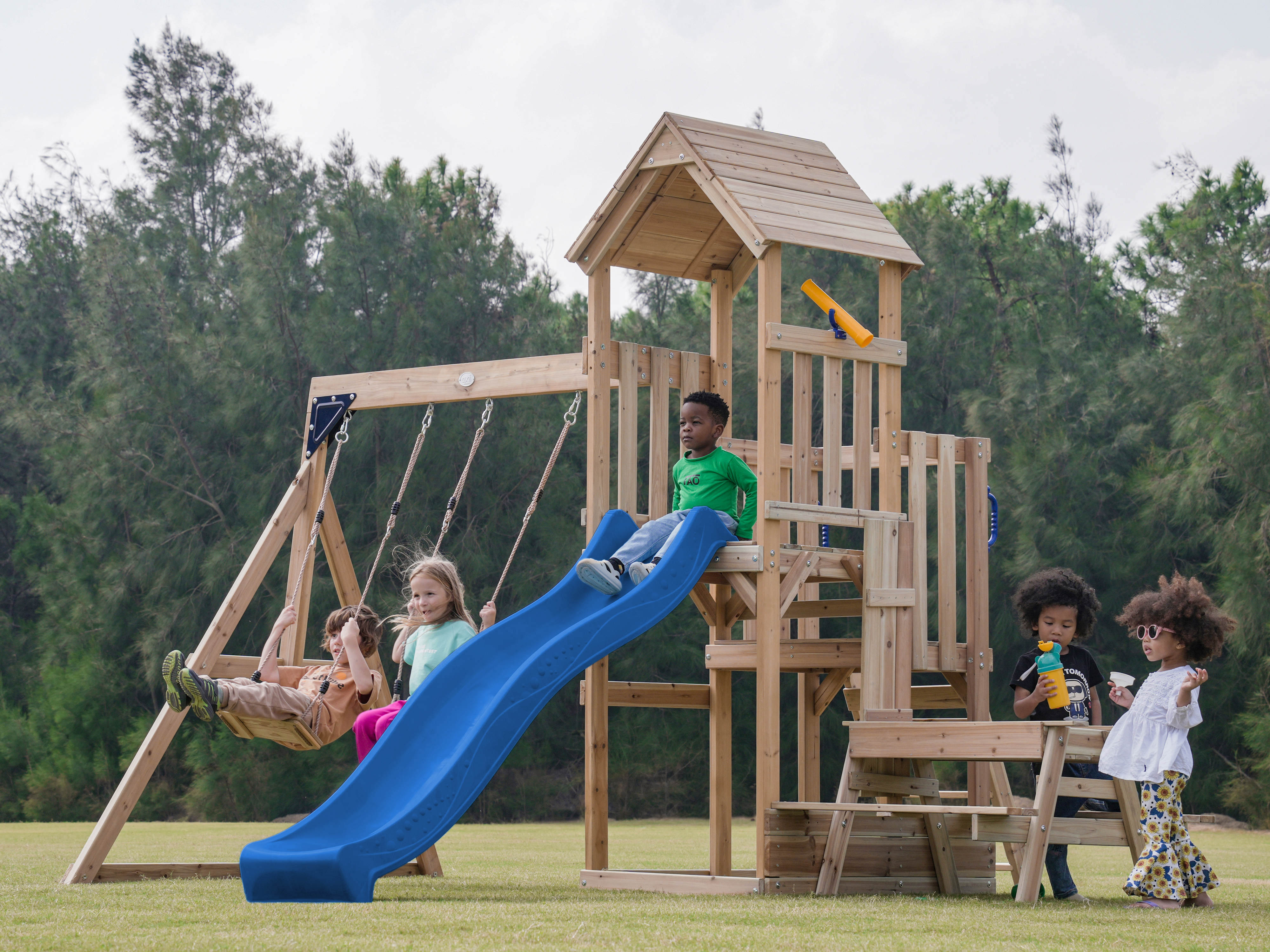 AXI Mette Playground with Double Swing Brown - Blue Slide 