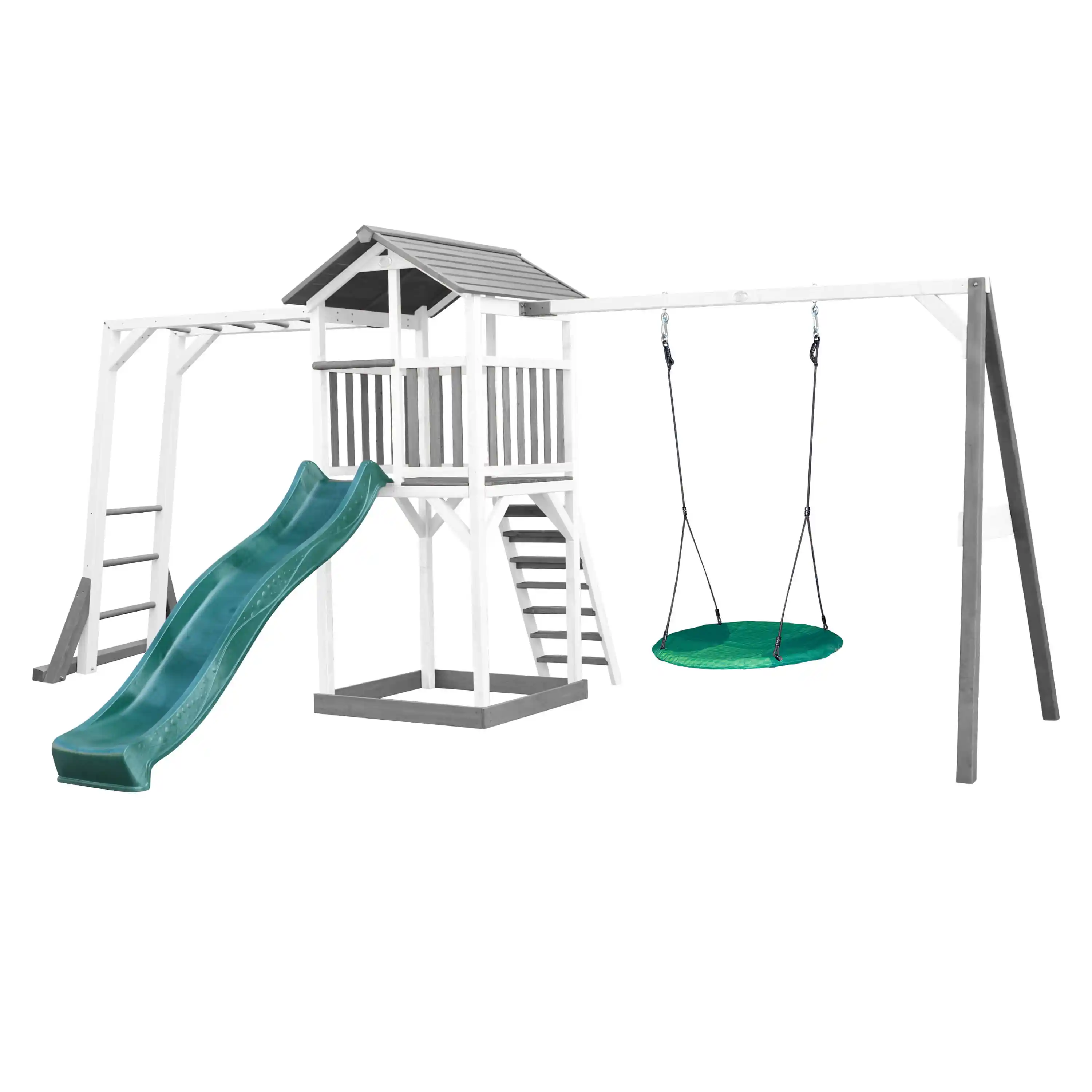 AXI Beach Tower with Climbing Frame and Summer Nest Swing Set Grey/White - Green Slide