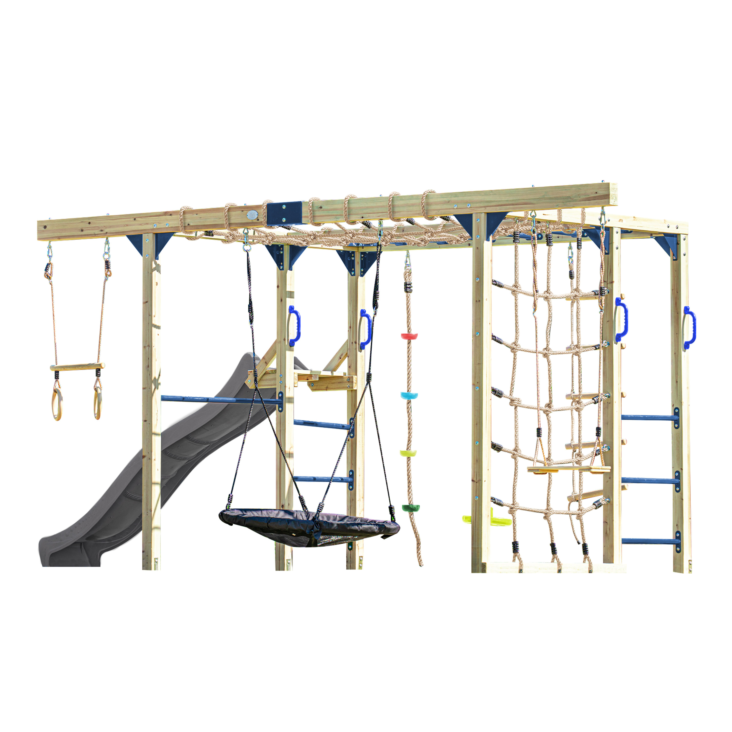 AXI Boris Wooden Playcentre with Swings. Trapeze. Climbing Nets and Monkey Bars – Grey Slide