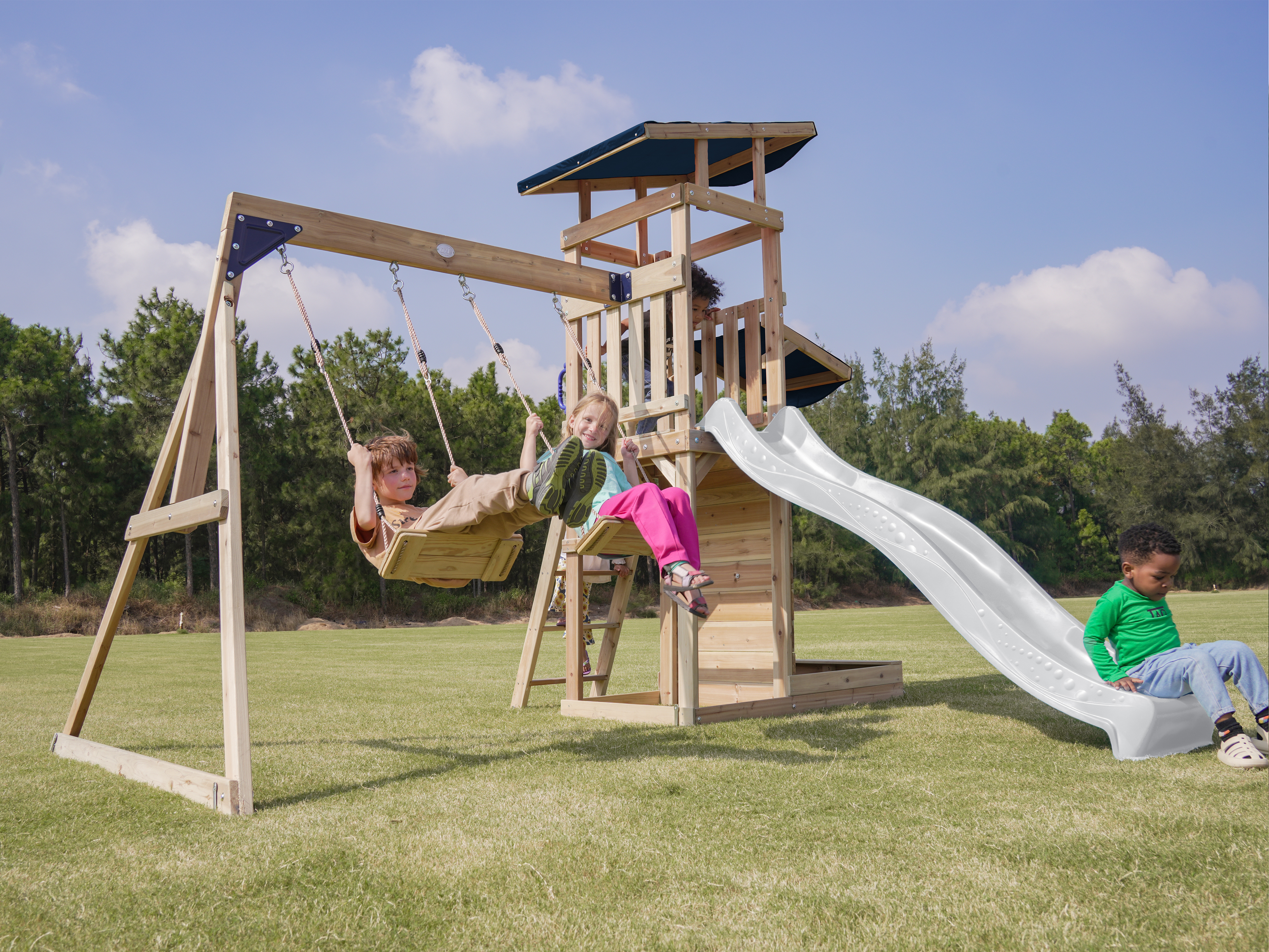 AXI Malik Climbing Frame with Double Swing Set - White Slide