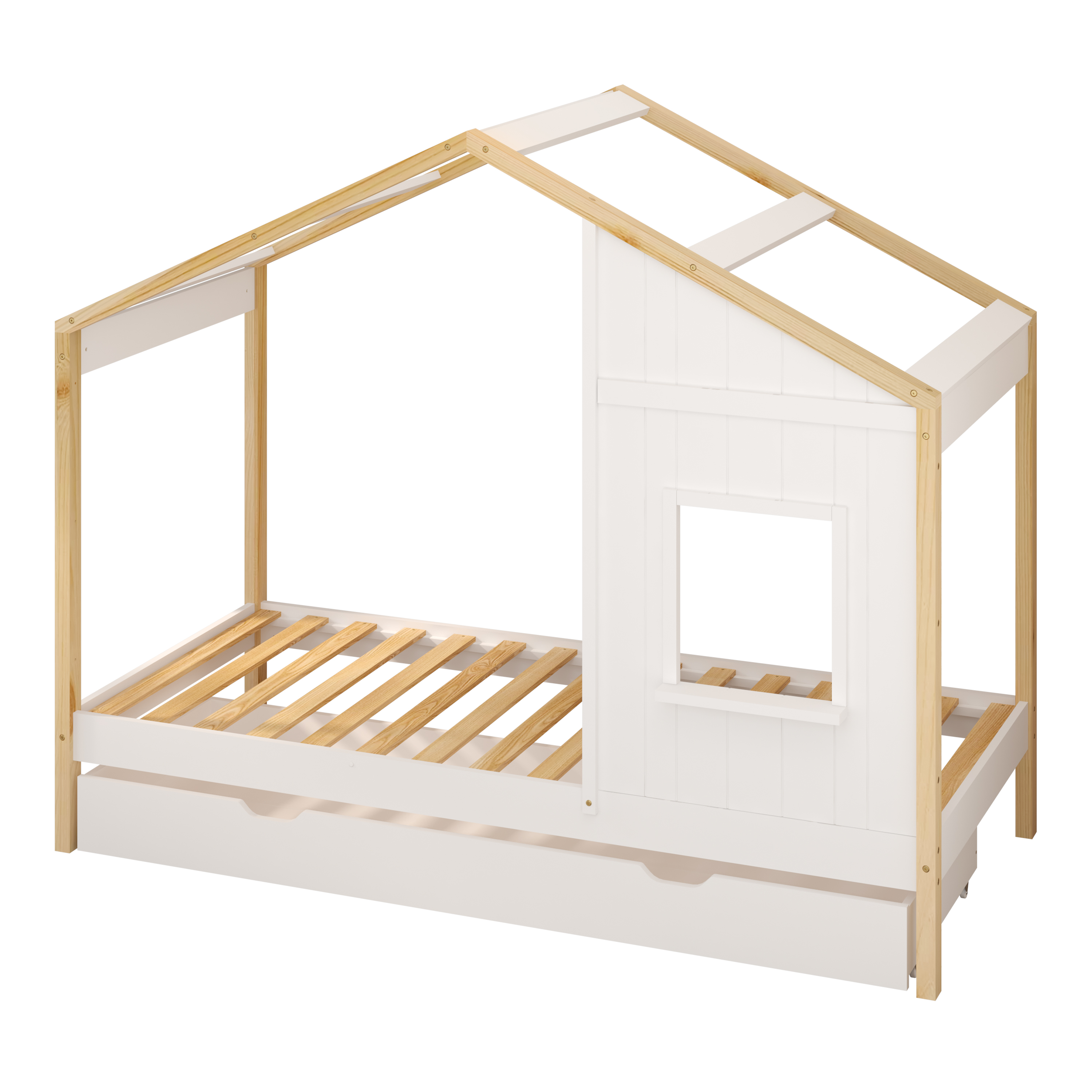 Sunny Beau House Bed with Storage Drawer Brown/White – With Mattress