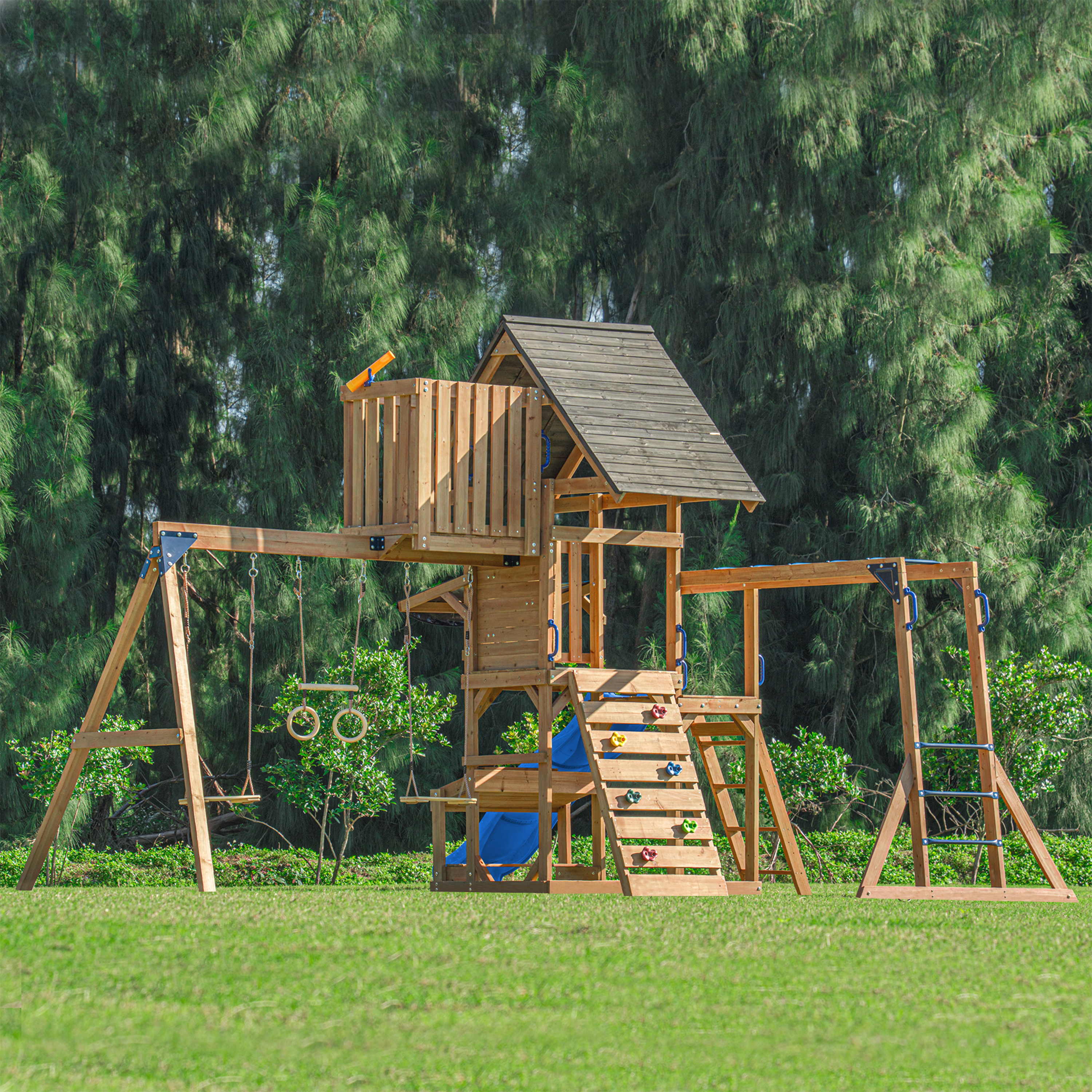 AXI Mitch Climbing Frame with Double Swing, Trapeze and Lookout Tower – Blue Slide