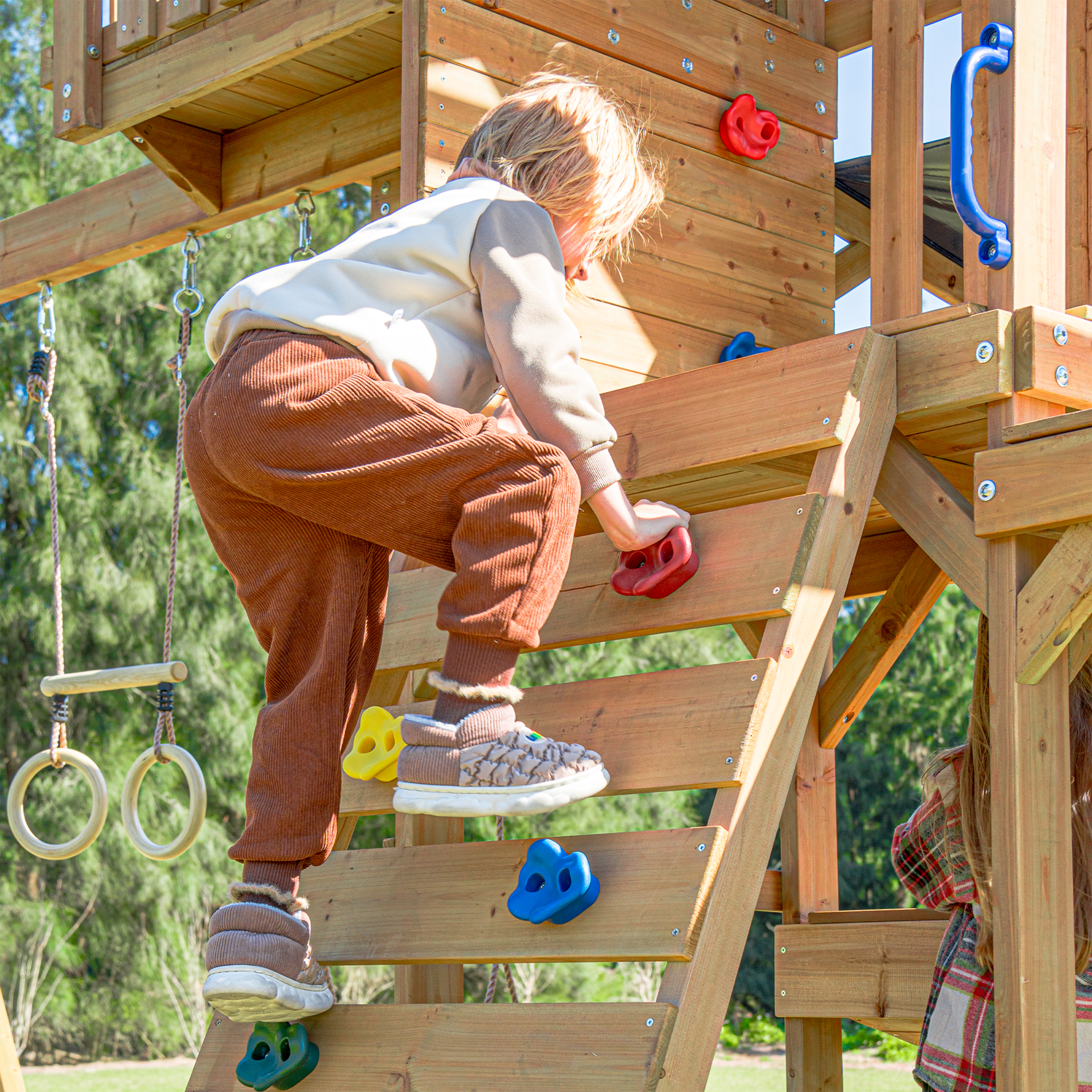 AXI Mitch Climbing Frame with Double Swing, Trapeze and Lookout Tower – Red Slide