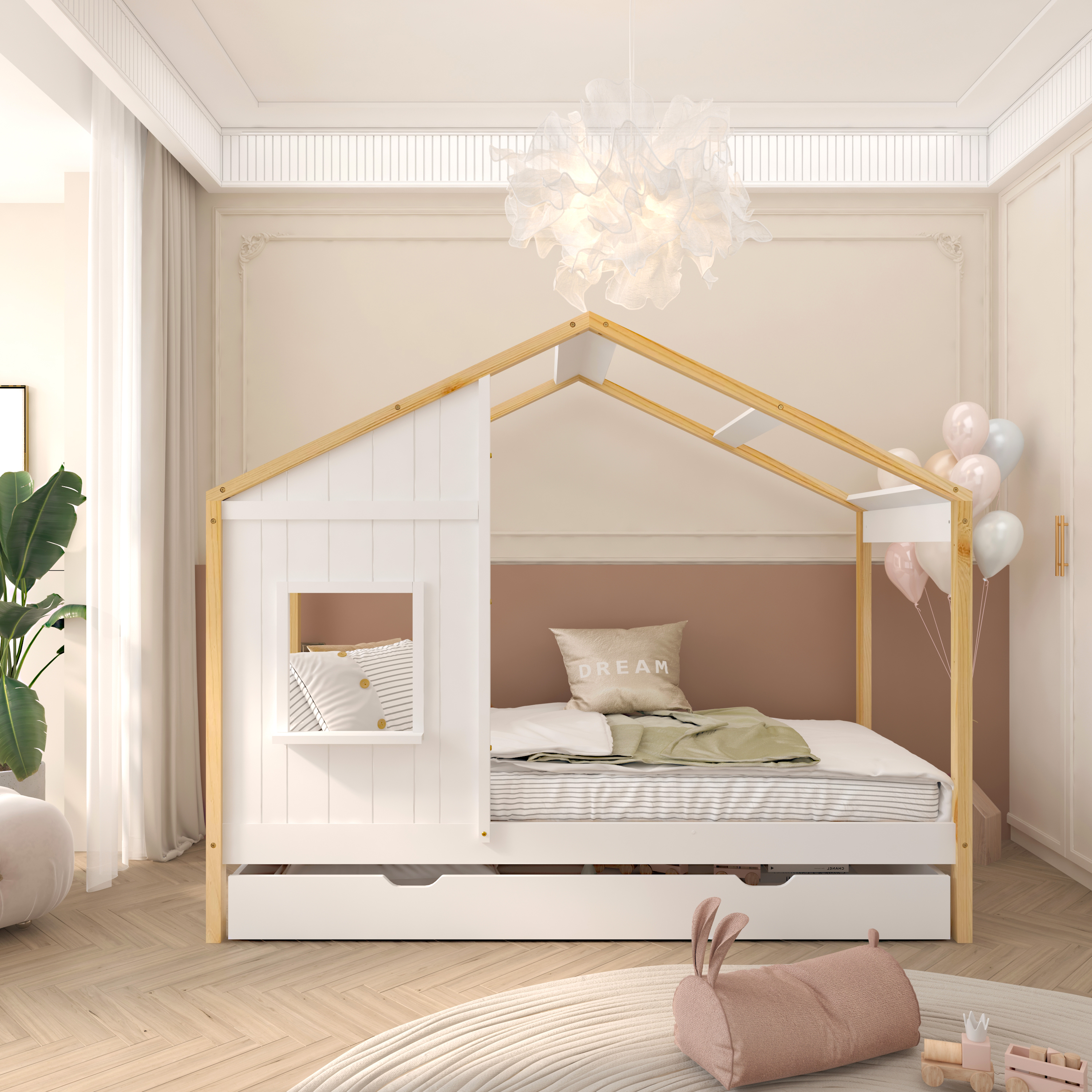 Sunny Beau House Bed with Storage Drawer Brown/White – With Mattress