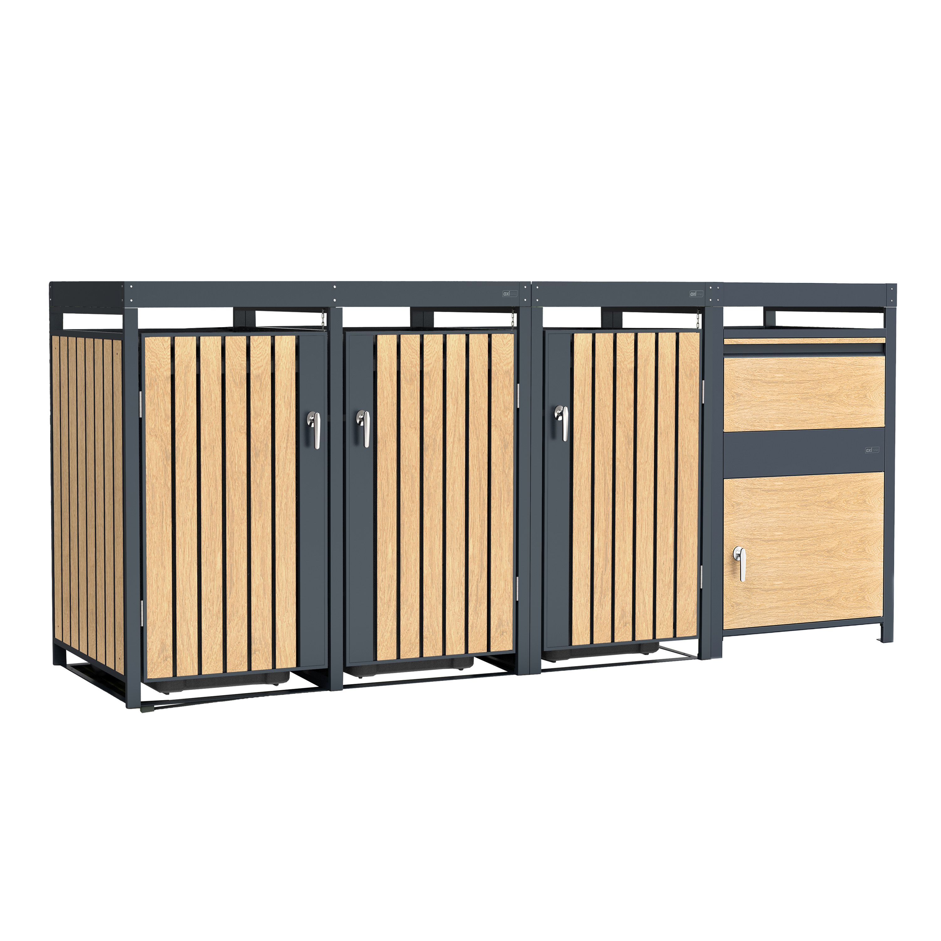AXI Leon Bin Storage with Louis Parcel Postbox Anthracite/Wood Look – 3 Garbage Bins