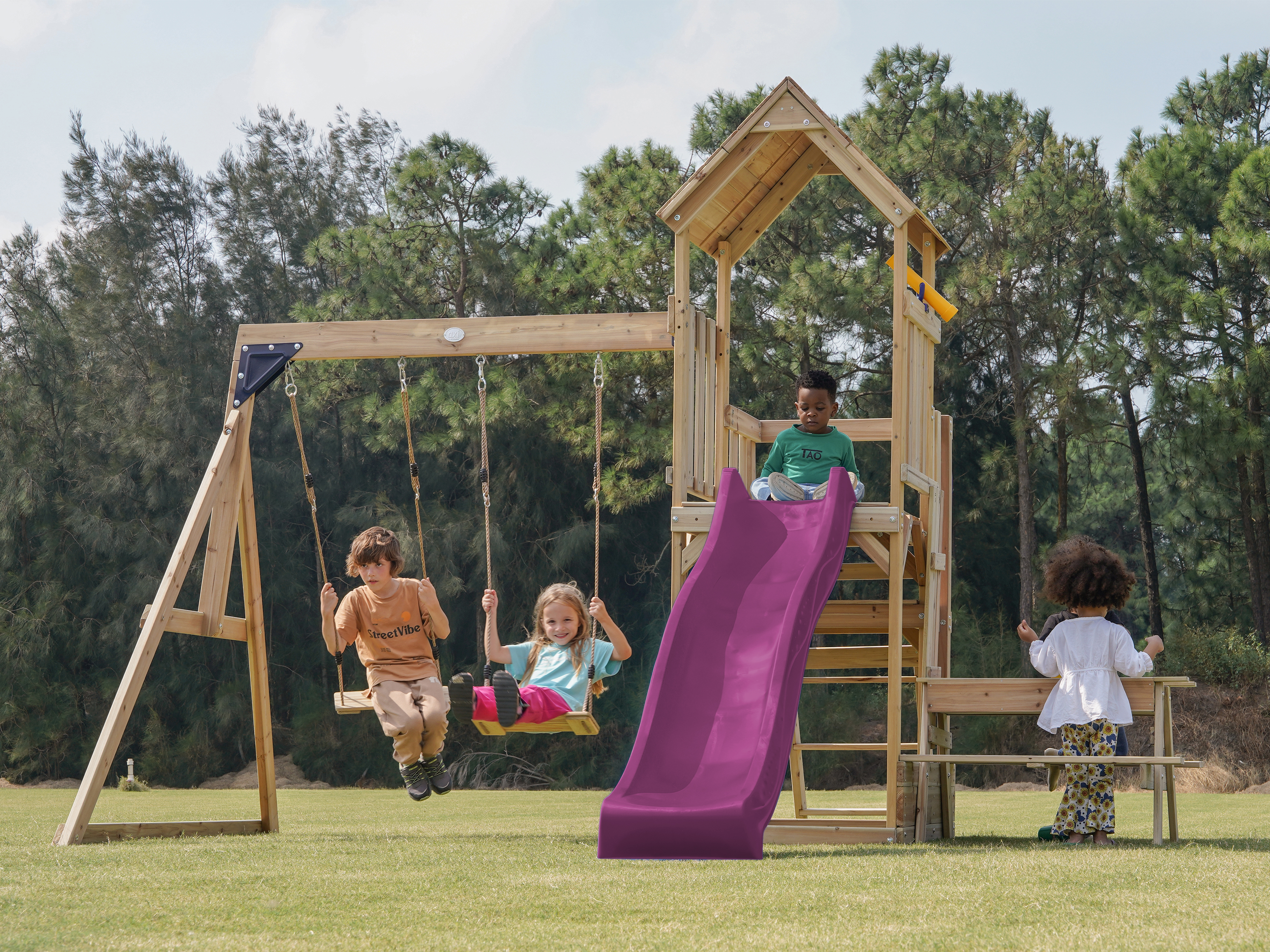 AXI Mette Climbing Frame with Double Swing Set and Picnic Table - Purple Slide