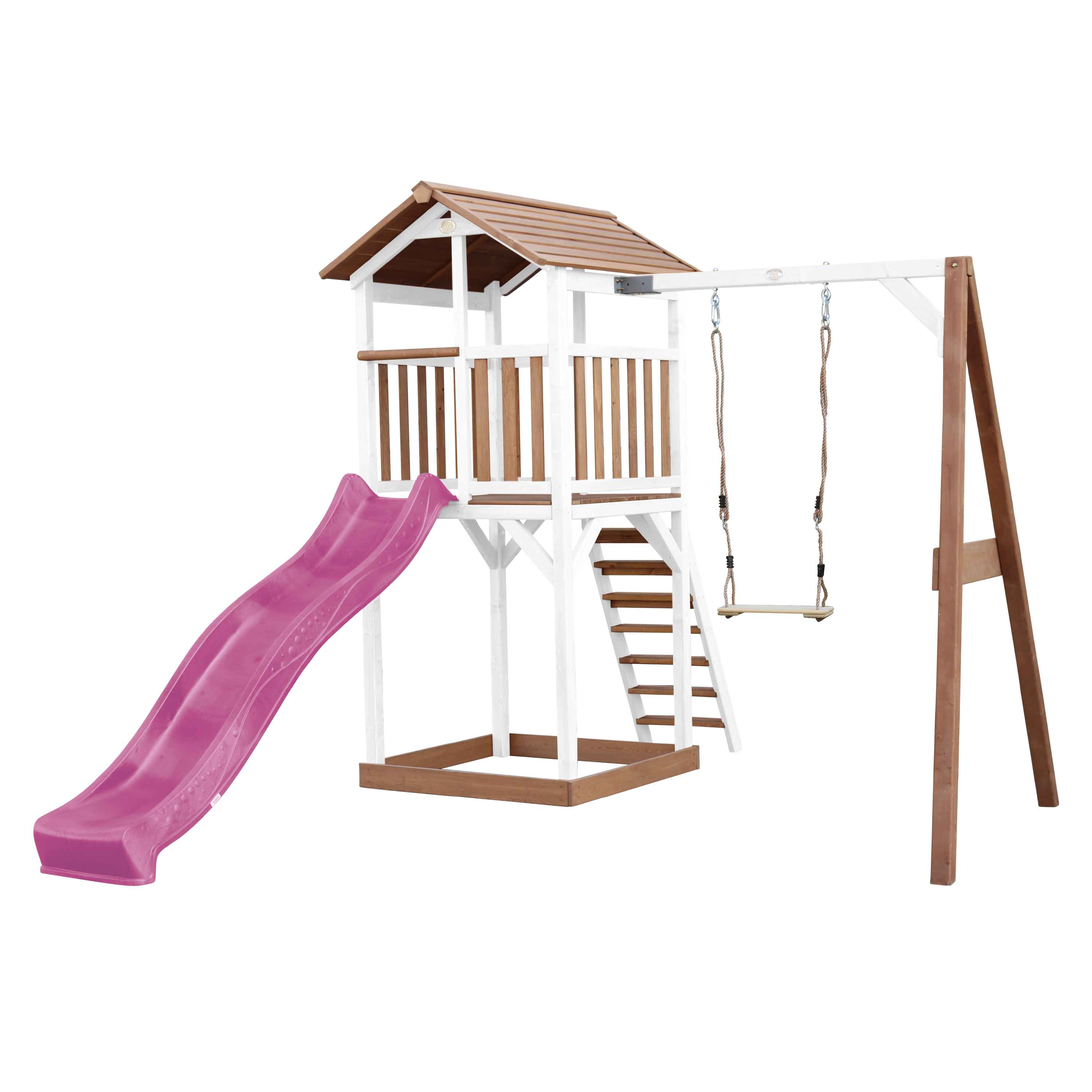 AXI Beach Tower with Single Swing Set Brown/White - Purple Slide-8720365061769 AXI Beach Tower with Single Swing Set Brown/White - Purple Slide