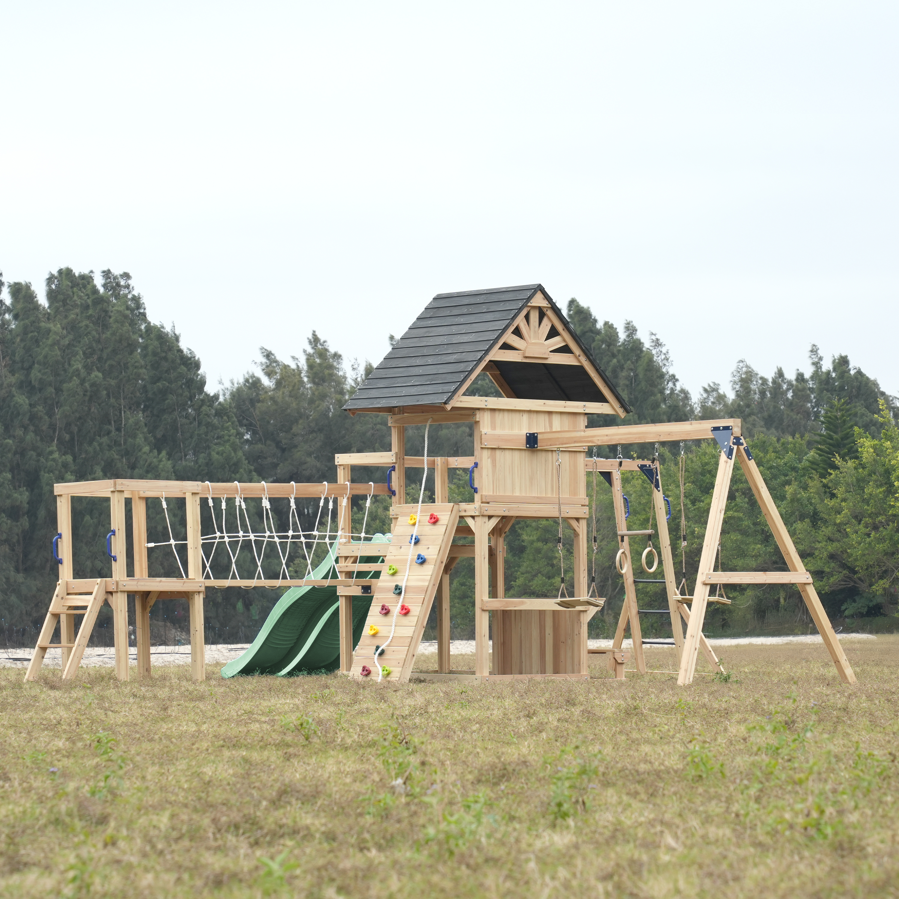 AXI Hunter Climbing Frame with Swings, Climbing Frame, Climbing Bridge and Multiple Platforms – Pastel Green Double Slide