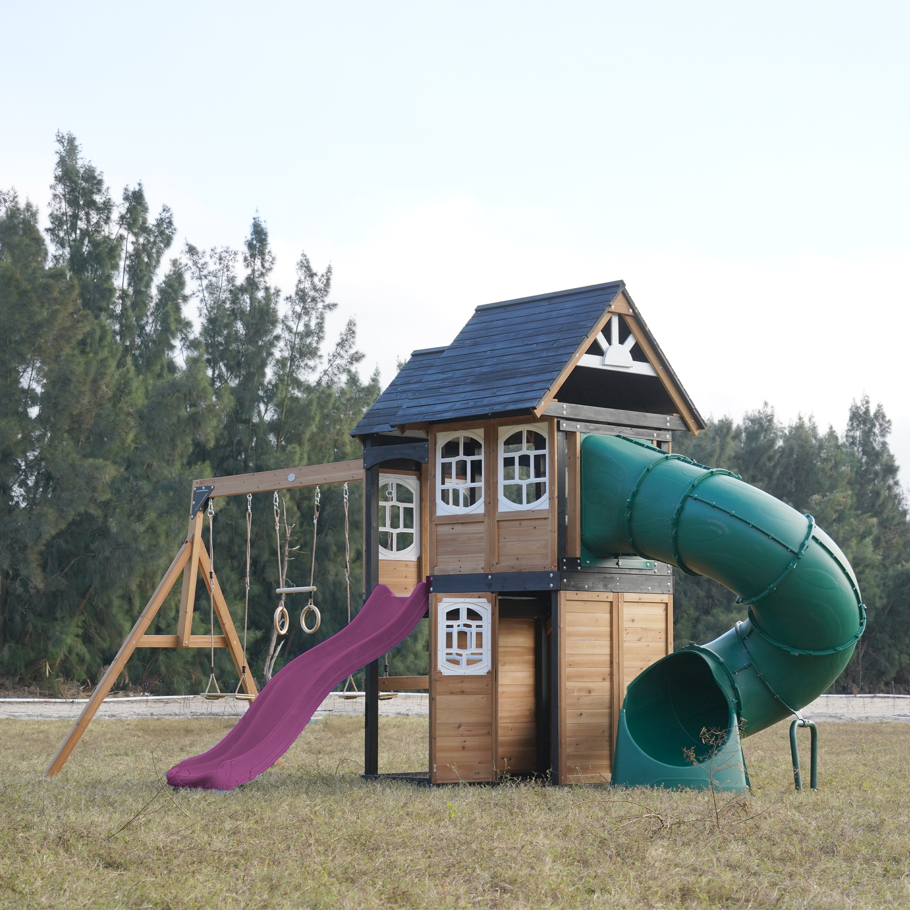AXI Noud Climbing Frame with Playhouse, Swings, Trapeze and Climbing Wall – Purple Slide and Tube Slide